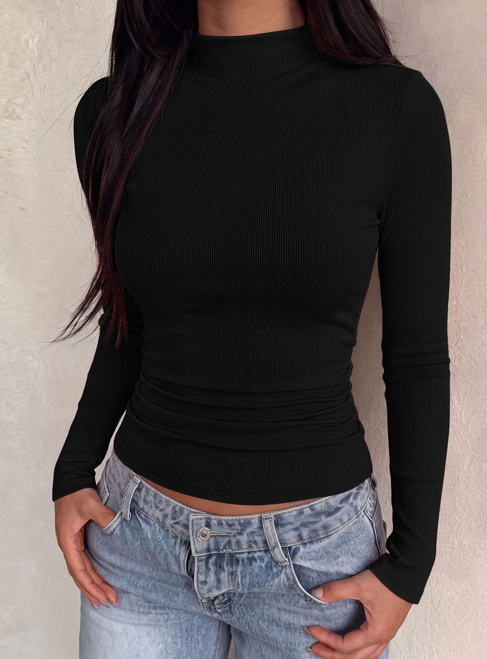 Womens Tops Casual Mock Neck Long Sleeve Shirts,Black,S