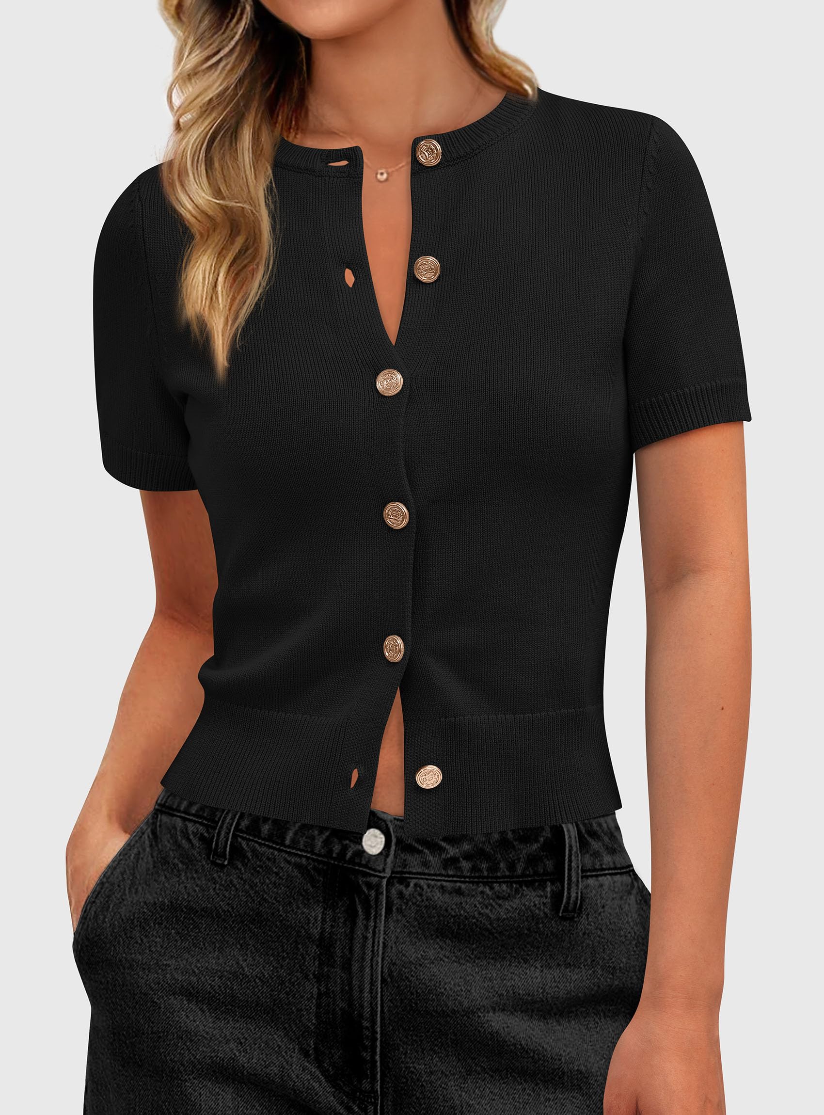 Womens Summer Cardigan Short Sleeve Sweater,Black,S