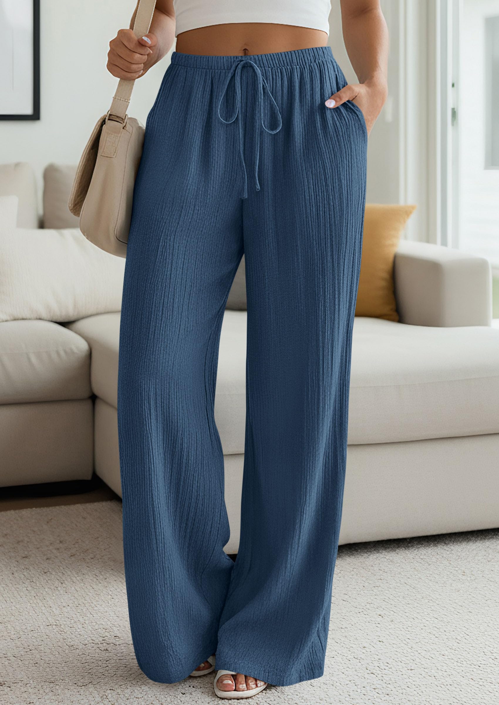 Women's Palazzo Pants Casual Wide Leg Trousers,Dark Blue,S