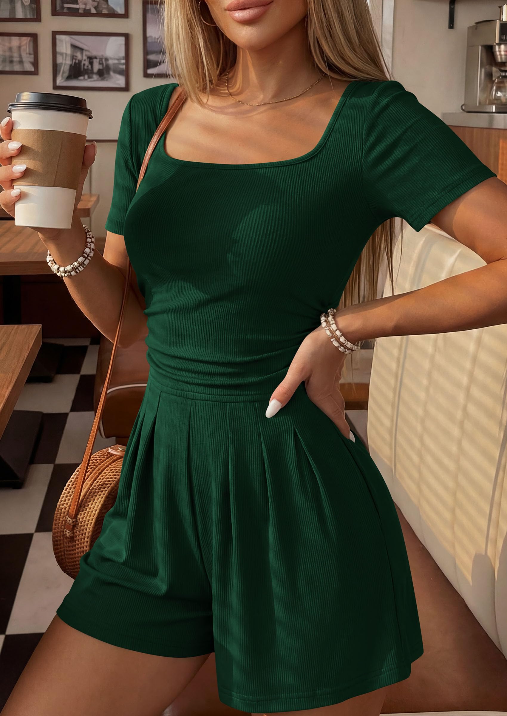 Womens One Piece Short Sleeve Rompers,Dark Green,S