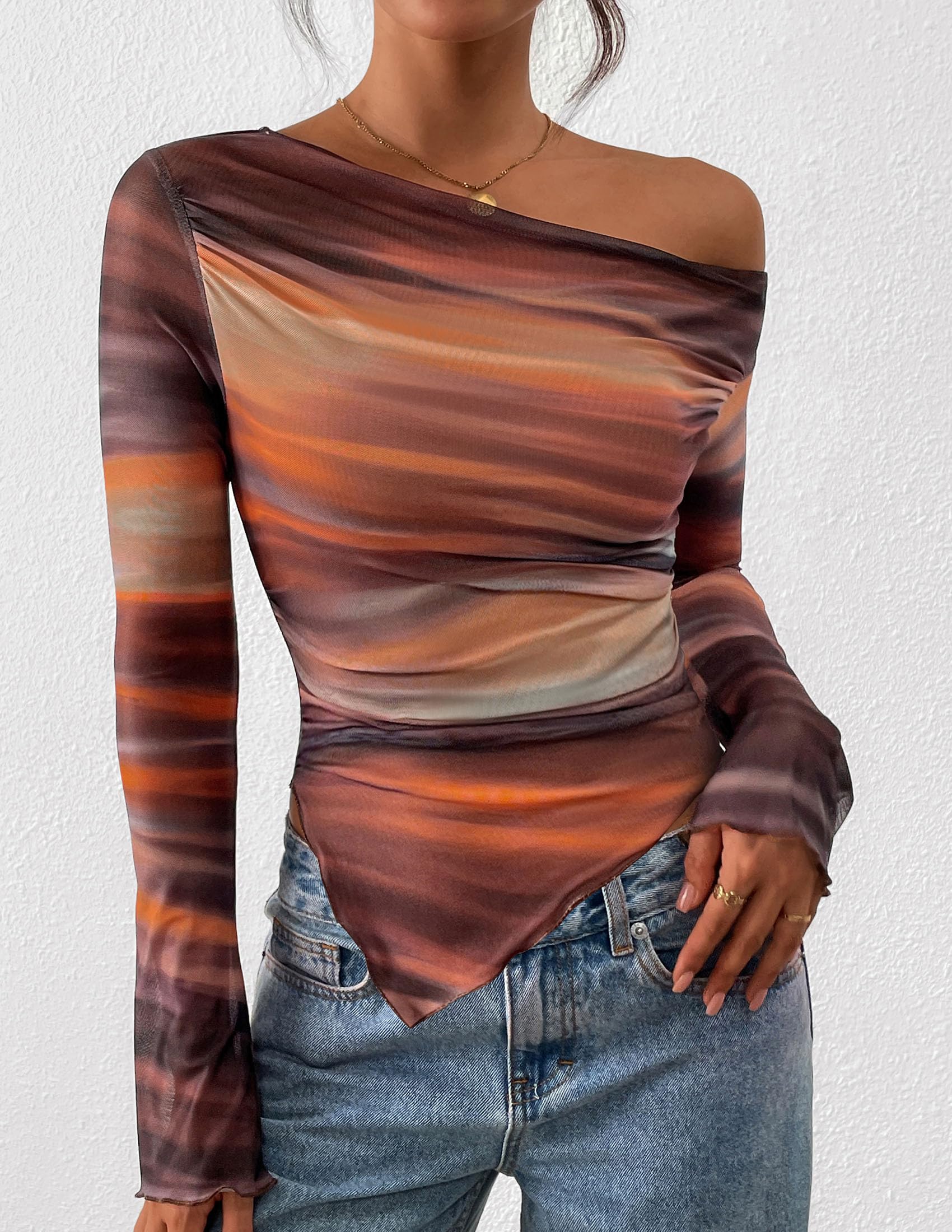 Womens Off Shoulder Mesh Y2k Tops,Floral Brown,M