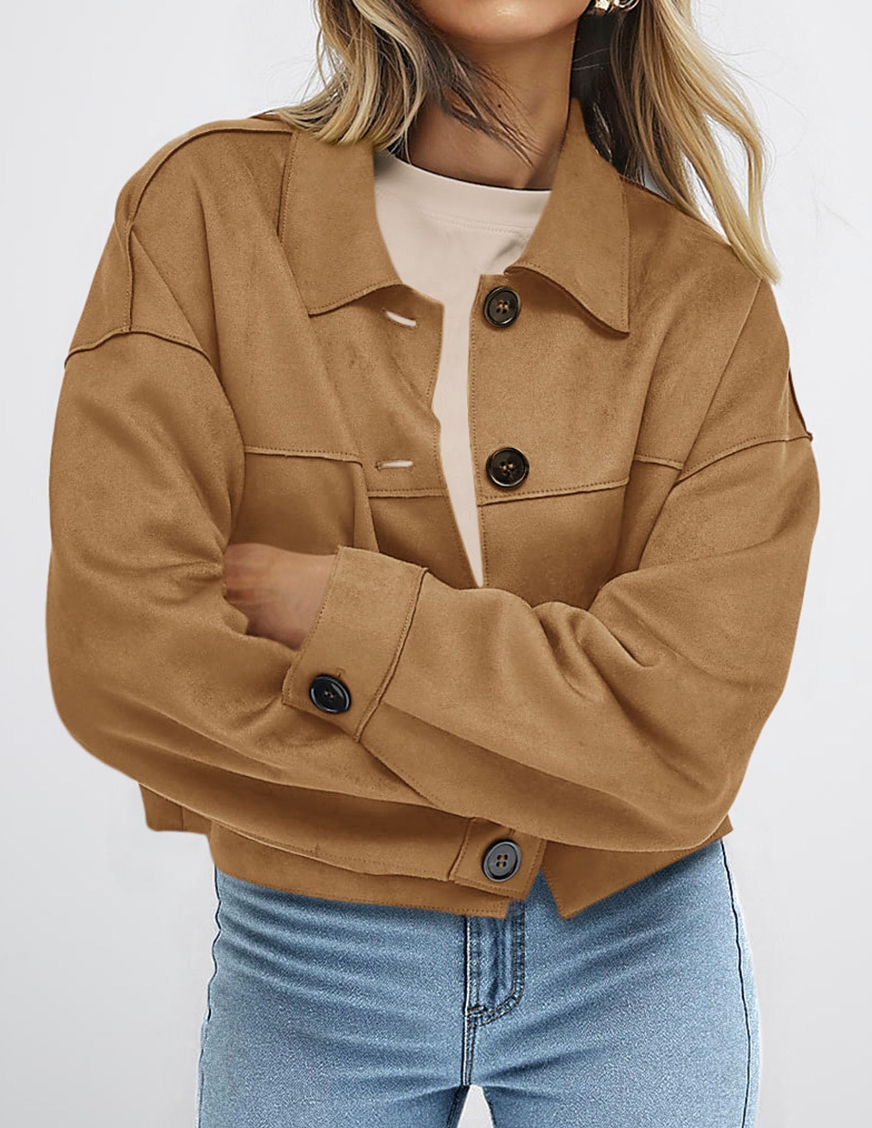Women's Faux Suede Shacket Jackets Lightweight Cropped Coats