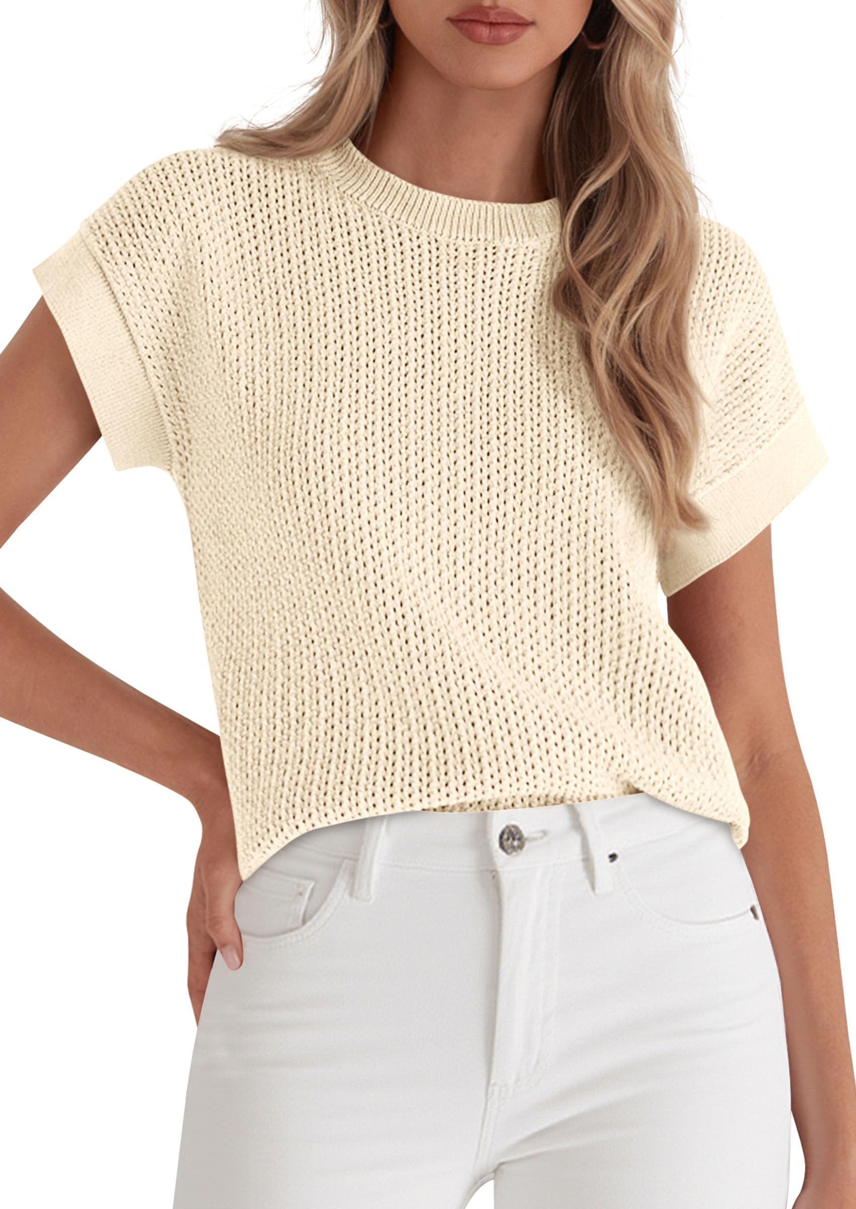 Women's Summer Sweater Vest Crochet Tops (Beige,S)