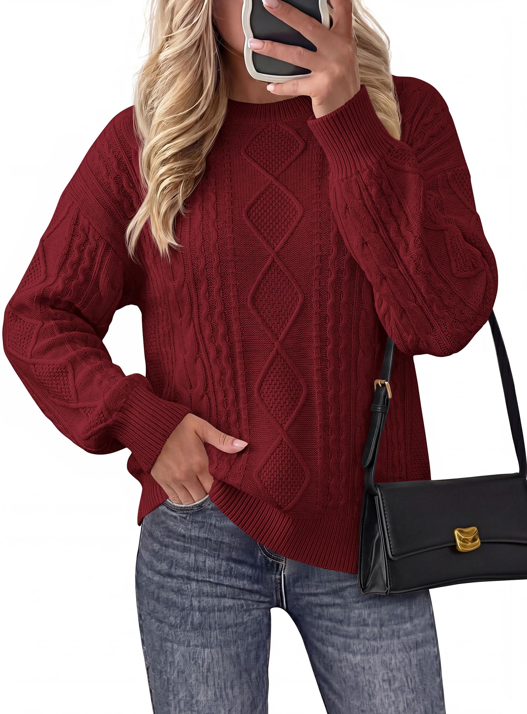Women's Crewneck Cable Knit Sweater Pullover Tops Wine Red