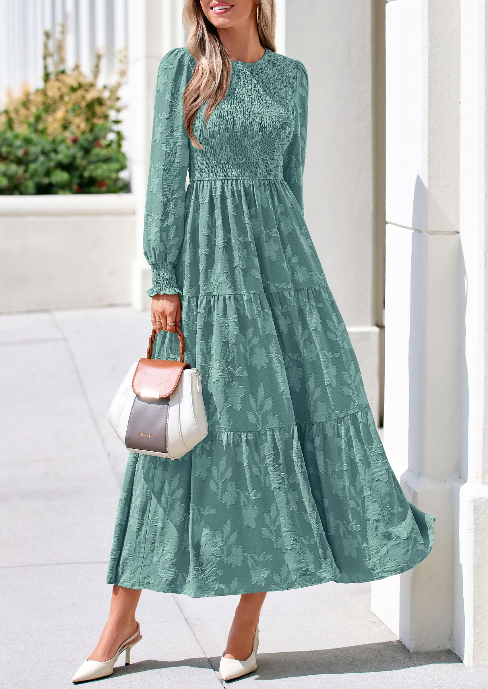 Fall Floral Long Sleeve Wedding Guest Dress for Women Pockets