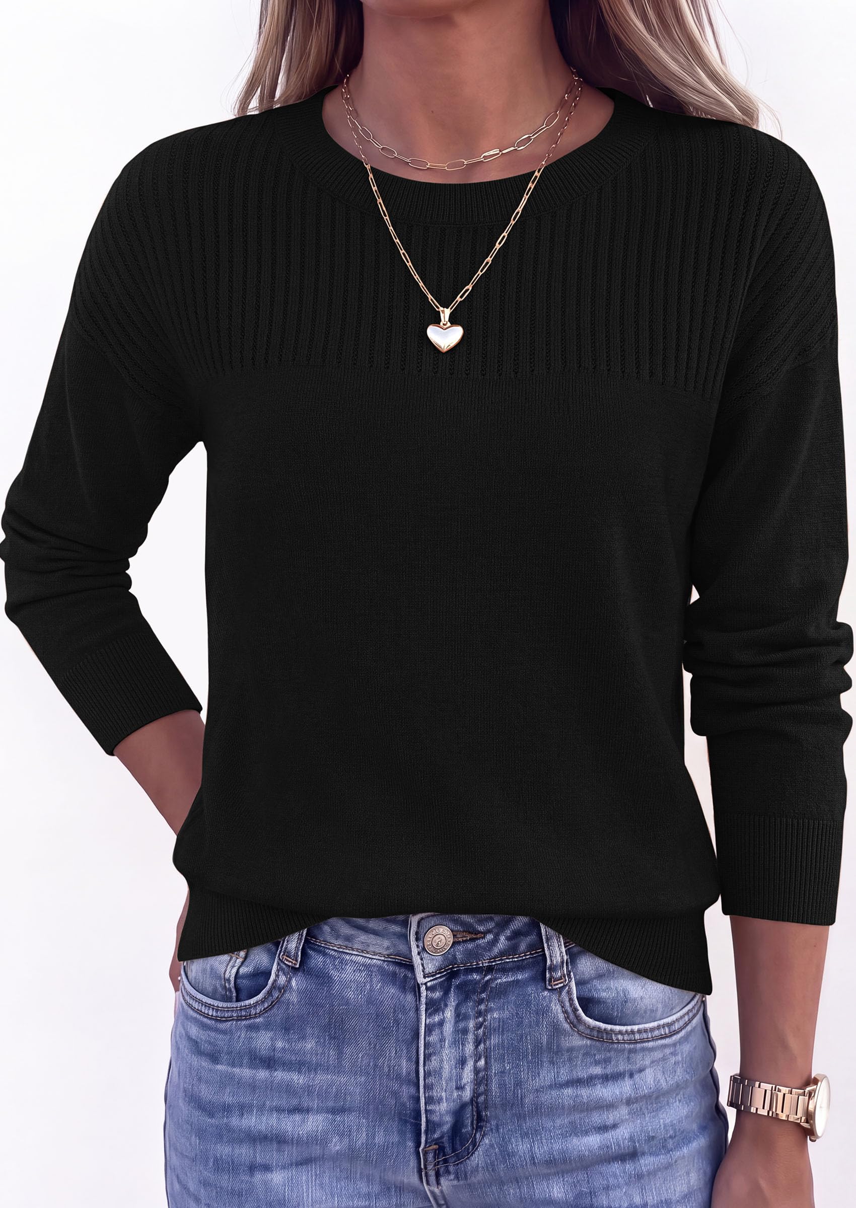 Sweaters for Women Fall Crewneck Knit Cropped Sweater Black
