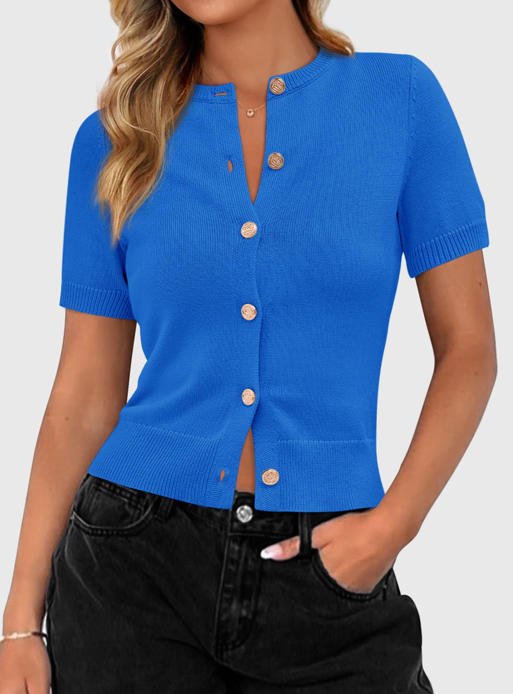 Womens Summer Cardigan Short Sleeve Sweater,Blue,S