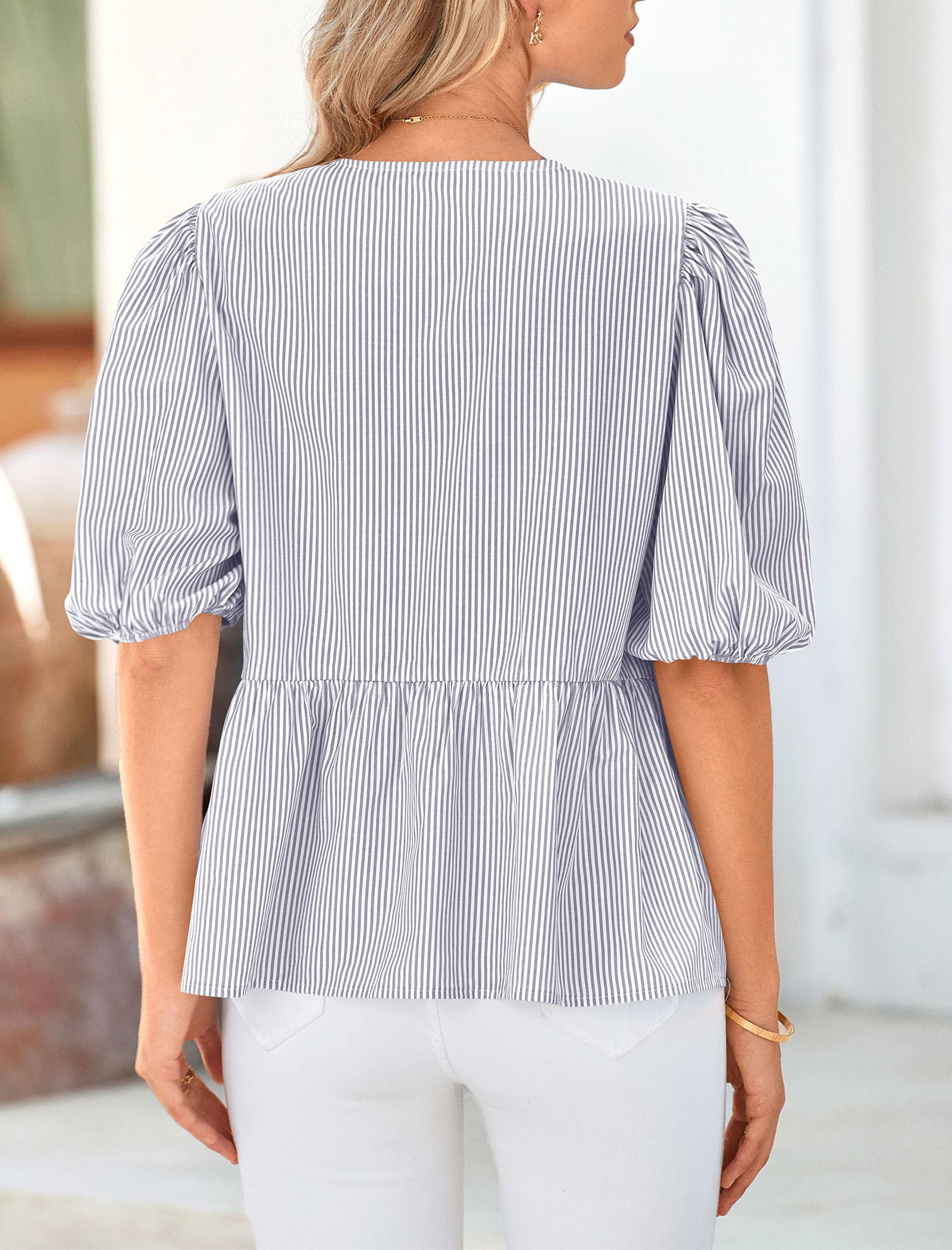 Women Striped Tie Front Babydoll Peplum Tops, Grey Blue,S