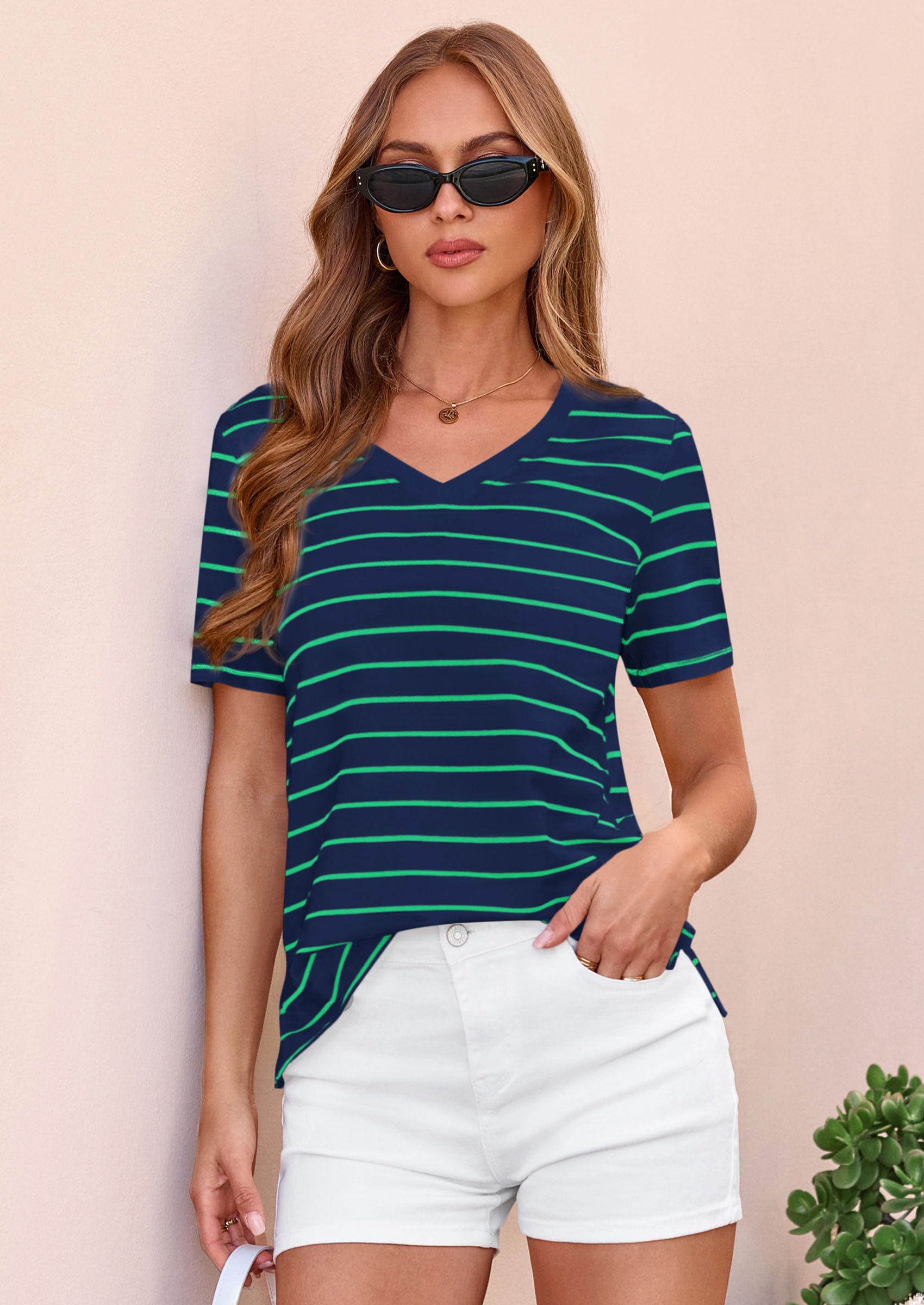 Striped Short Sleeve Womens Tops,Striped Blue Green,S