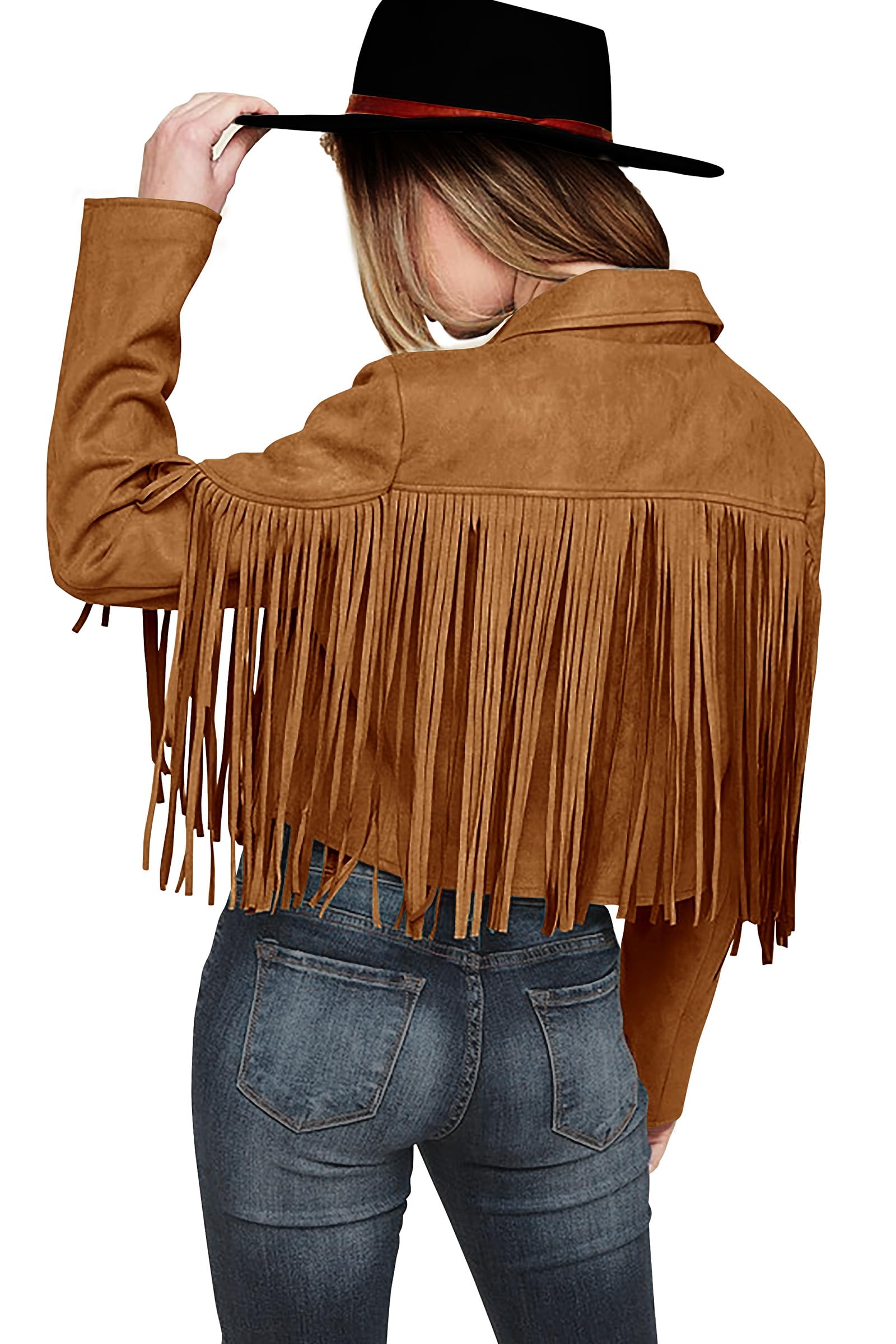 Women's Fringe Faux Suede Leather Jackets,Brown Yellow,M
