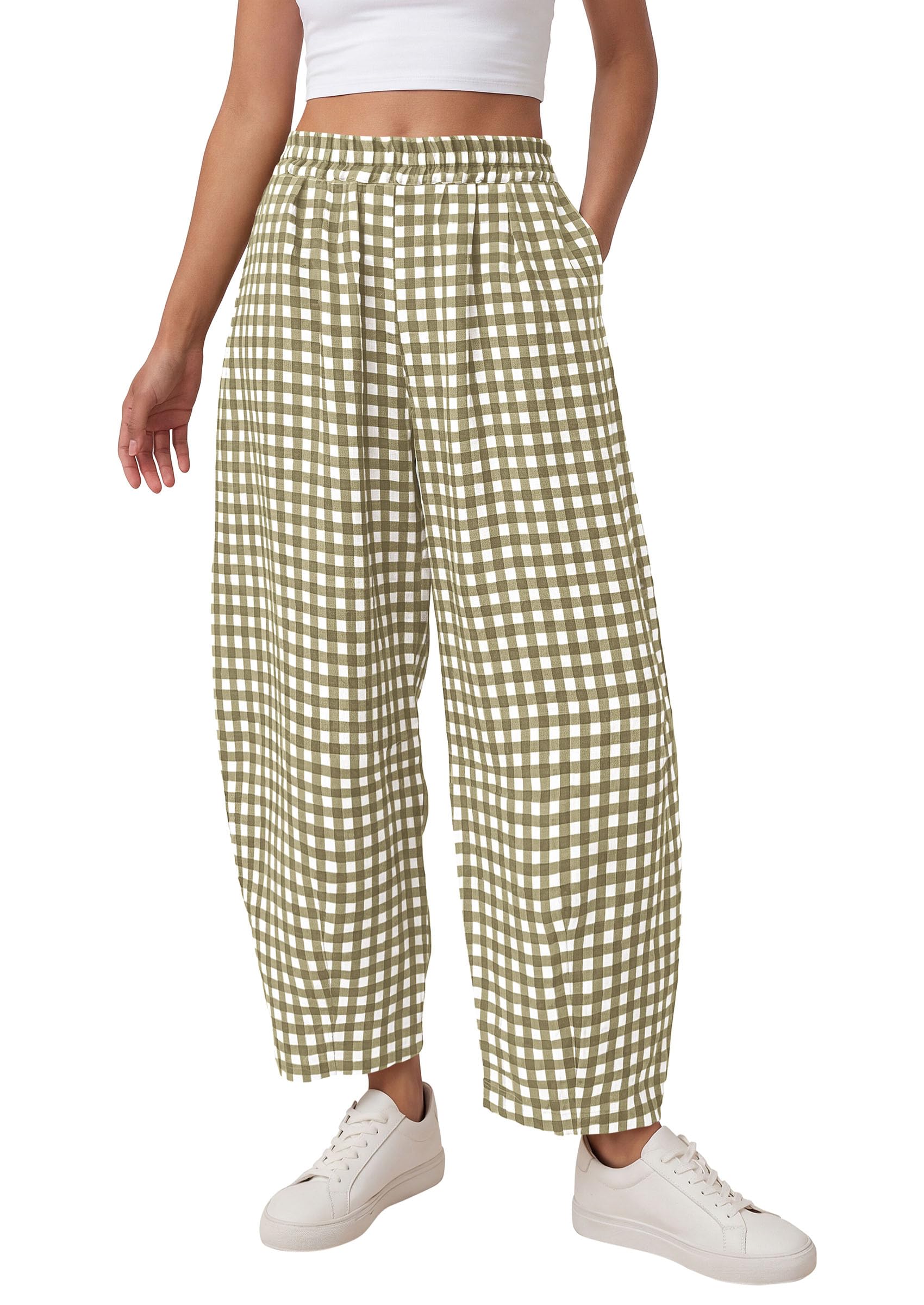Plaid Barrel Pants Women Summer Bottoms, Army Green Plaid,S