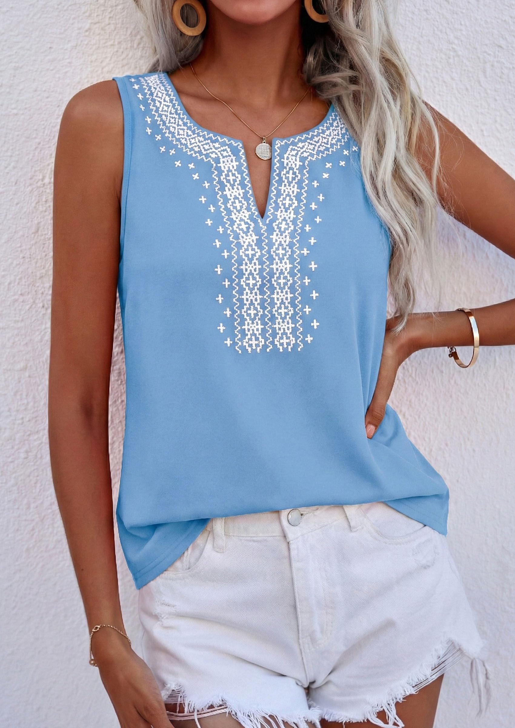 Womens Embroidered Sleeveless Tank Tops Light Blue,S