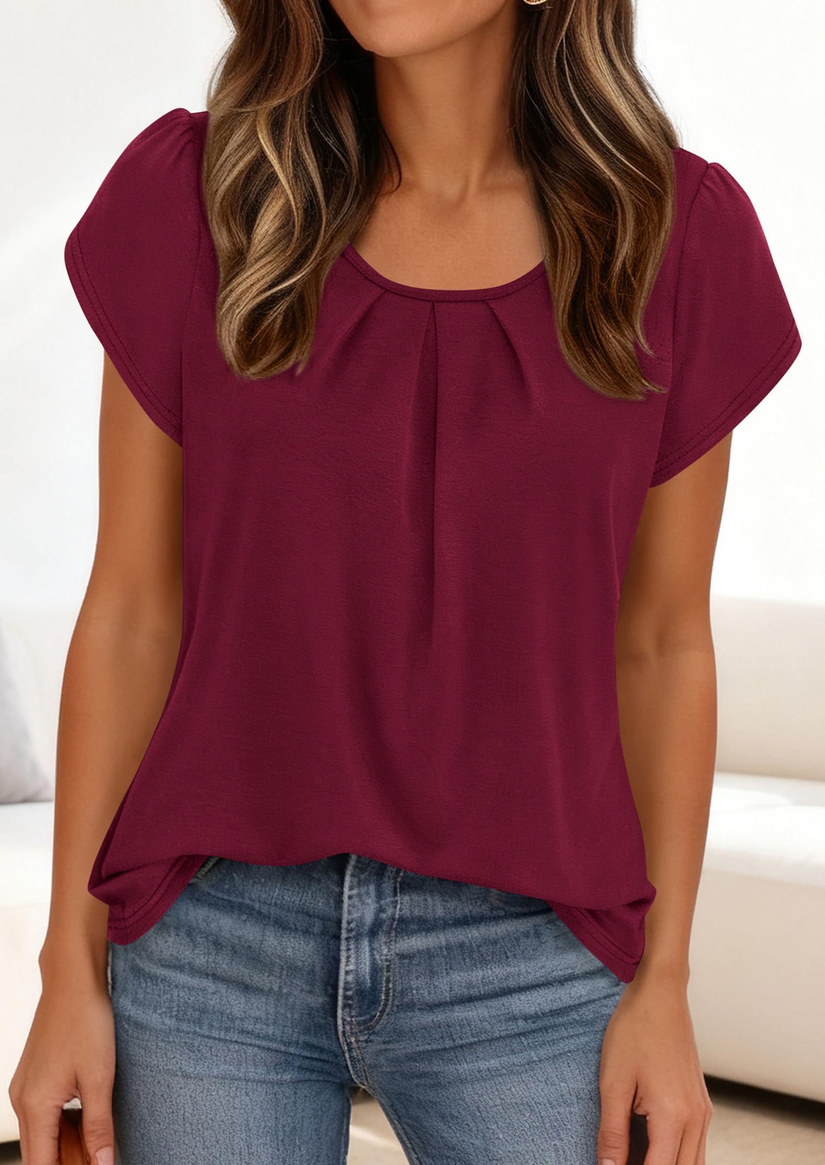 Women's Summer Short Sleeve Tops Casual Blouses,Burgundy,S