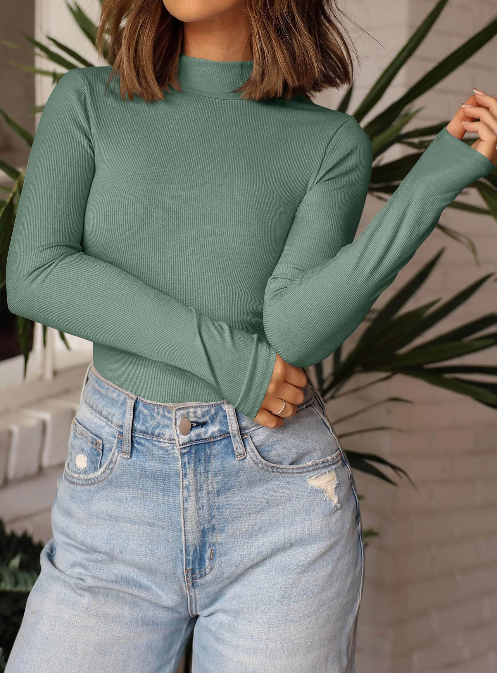 Womens Mock Turtleneck Fall Long Sleeve Shirts,Grey Green,XS