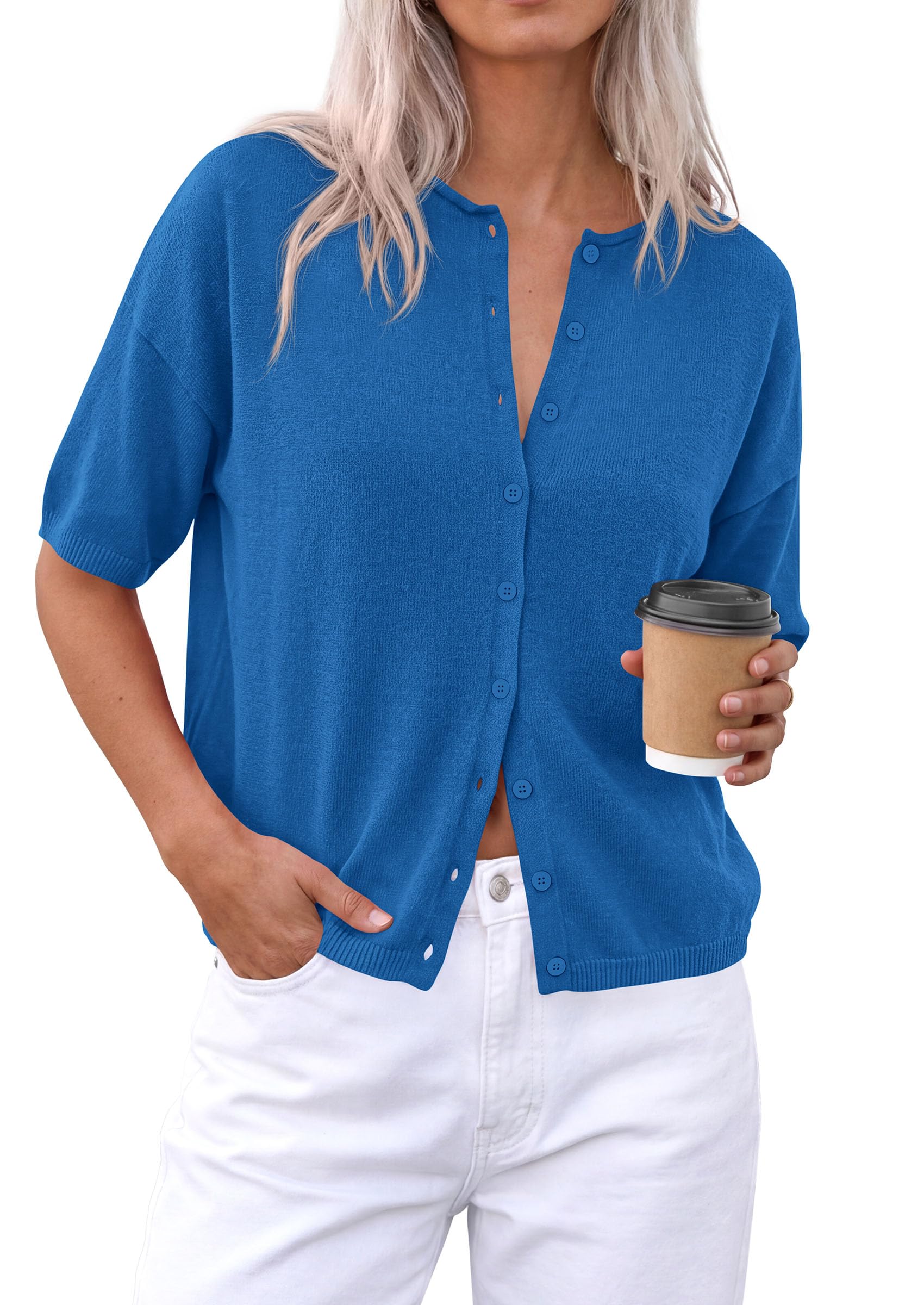 Women's Short Sleeve Cardigan Sweaters (Blue,Small)
