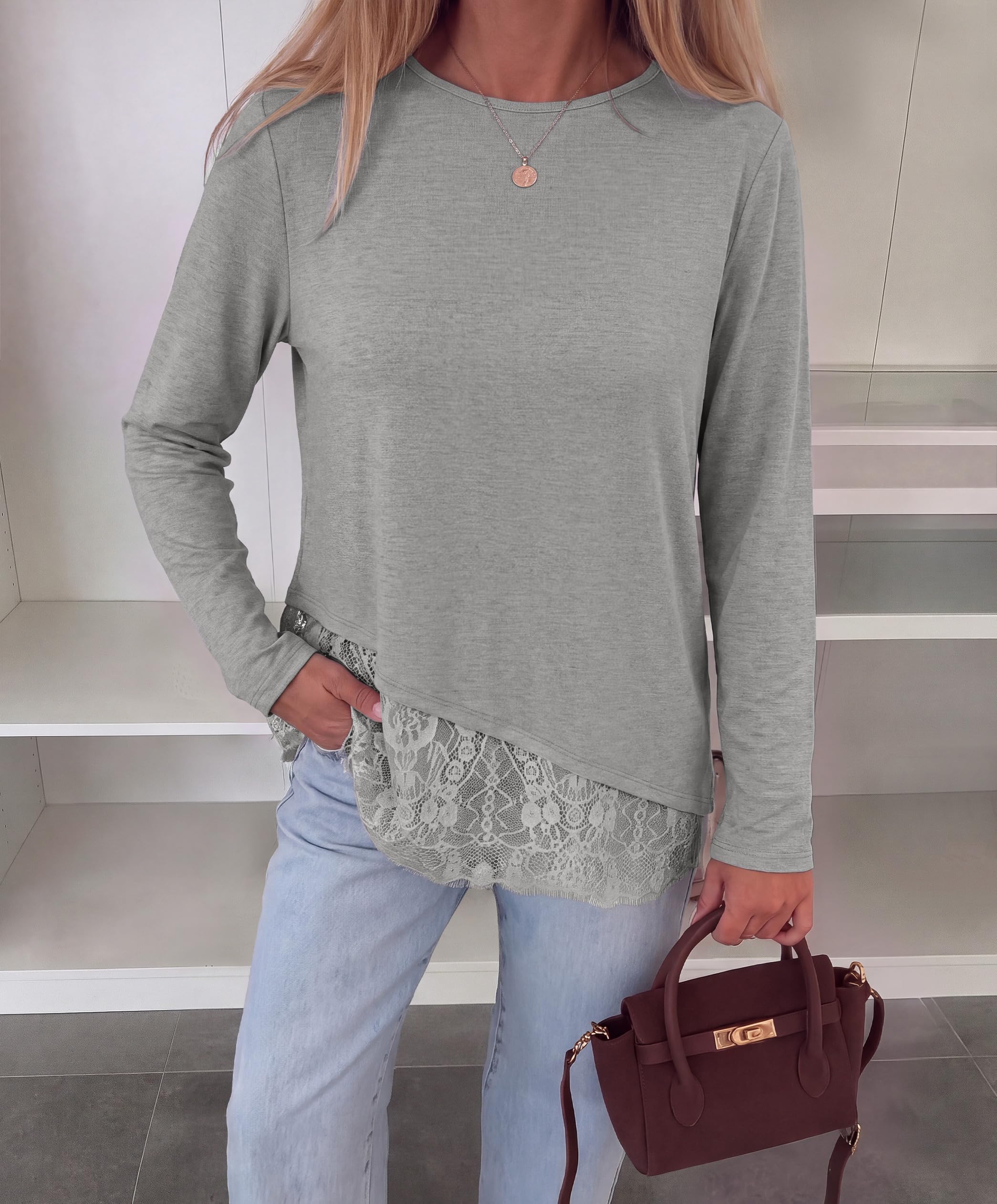 Women's Lace Patchwork Long Sleeve Shirts,Grey,S