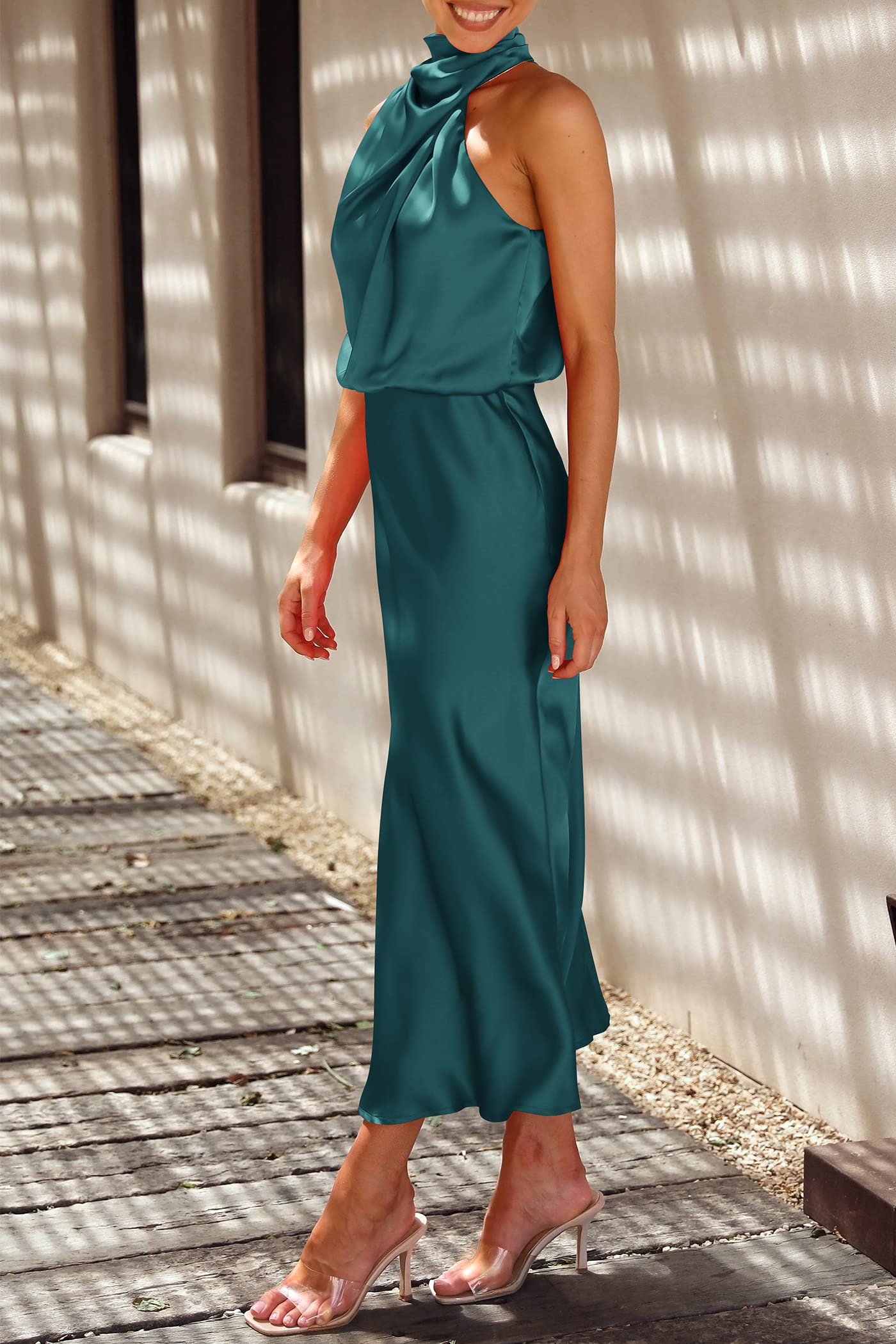 Women's Summer Satin Maxi Cocktail Dress Dark Green