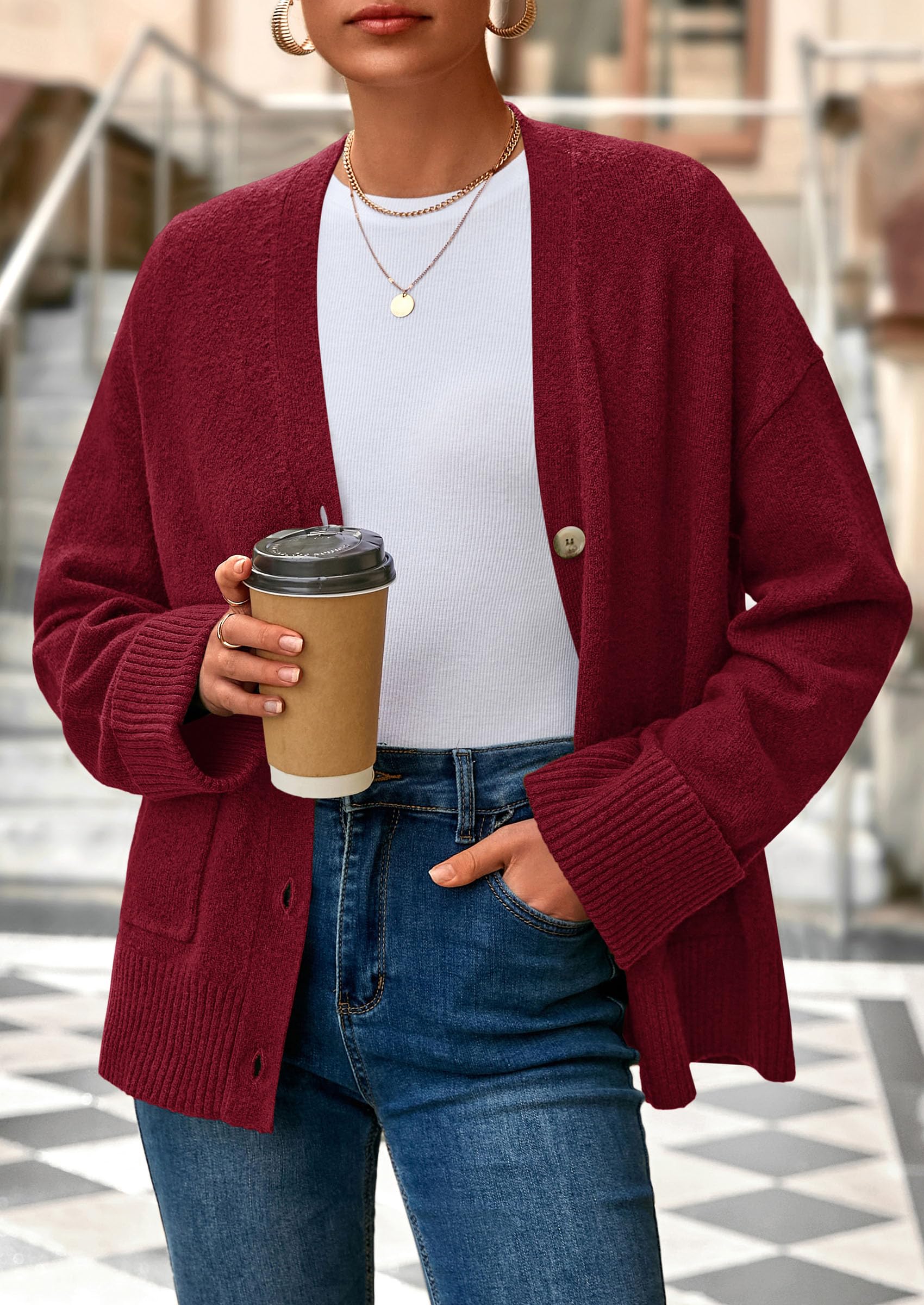 Women's Winter Oversized Cardigan Sweaters (Burgundy,S)
