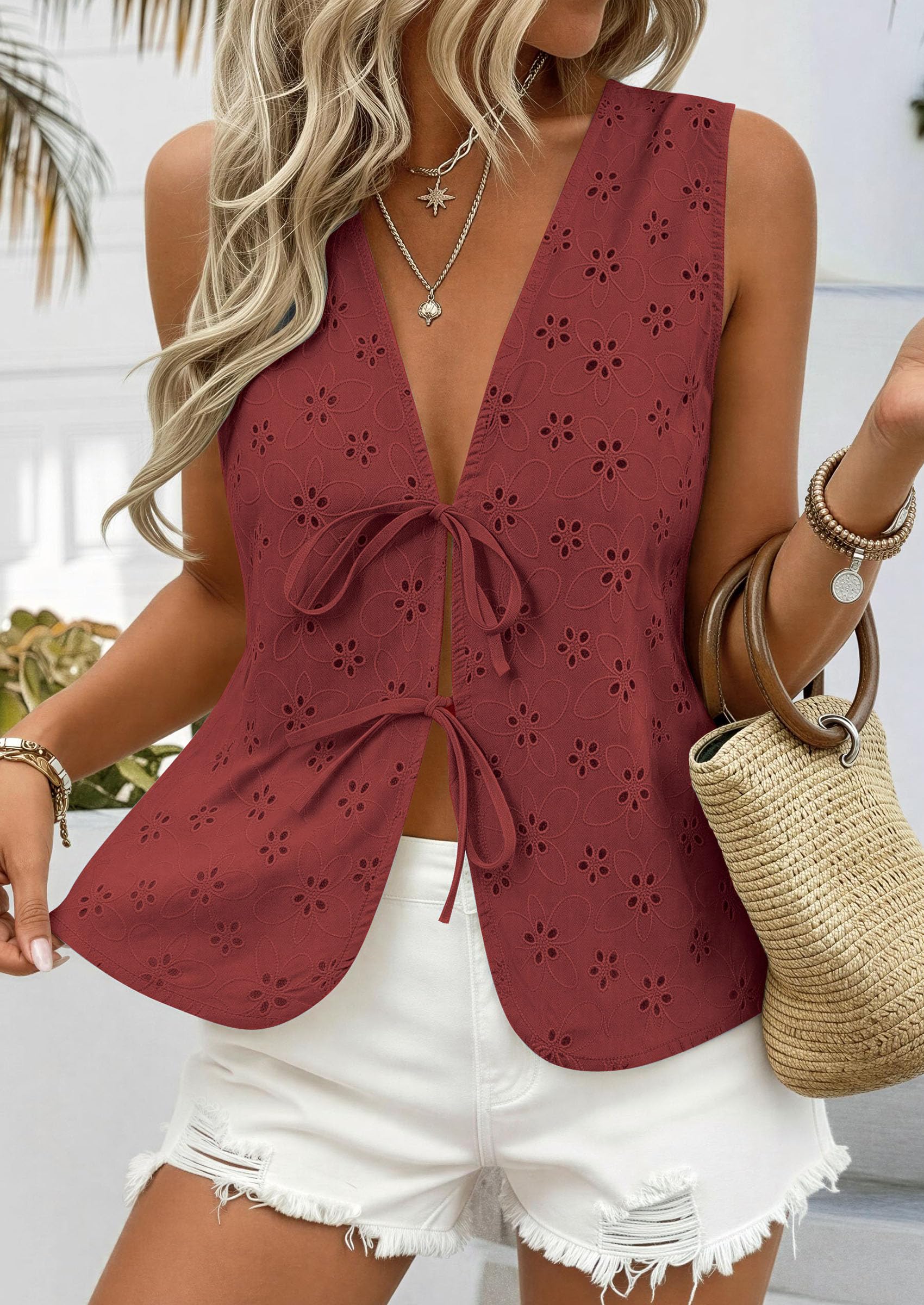 Women's Summer Eyelet Lace Tie Front Vest Tops (Brown Red,S)