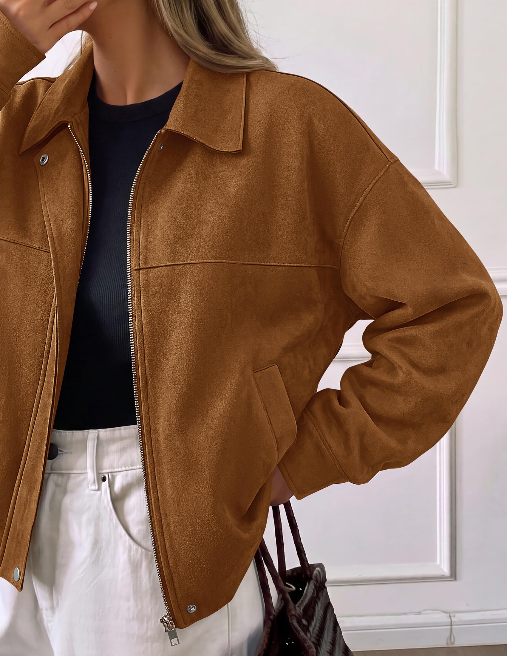 Women's Faux Suede Cropped Fall Jackets,Brown,S