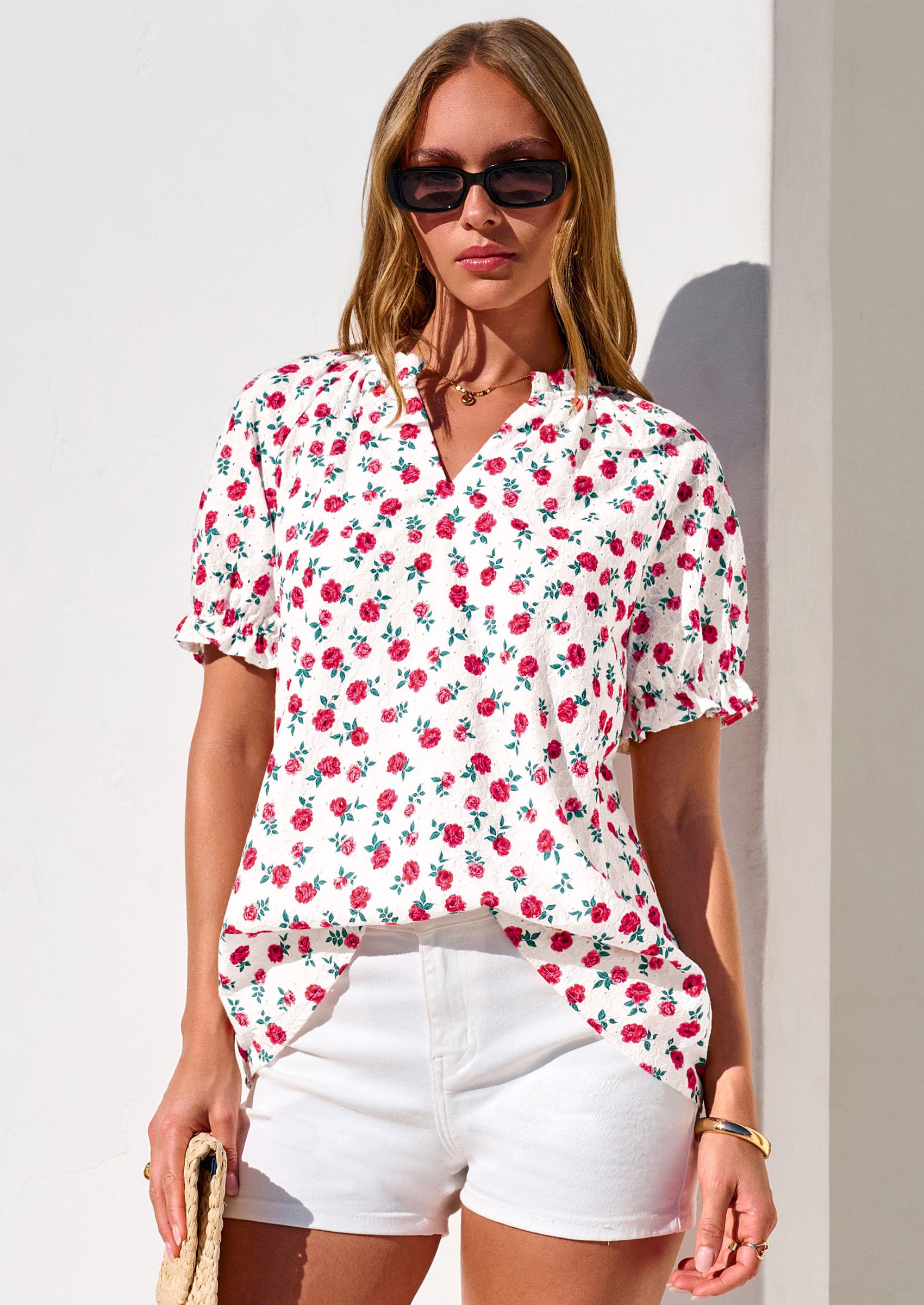 Womens Floral Short Sleeve Blouses,S Rose,S
