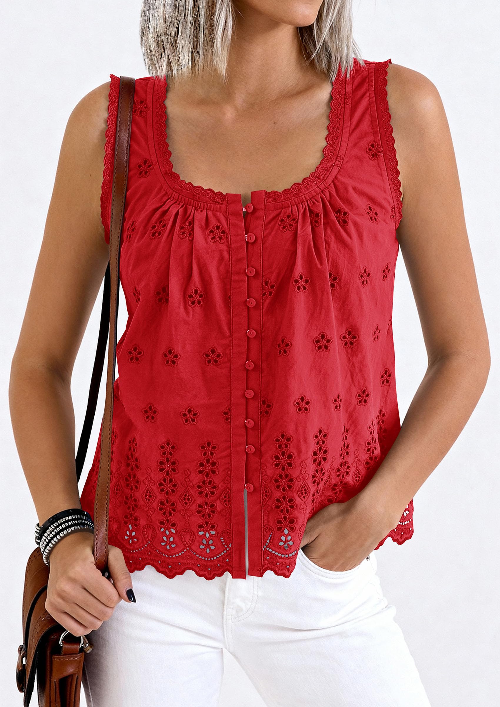 Women's Lace Tank Top Embroidery Eyelet Blouses,Red,S