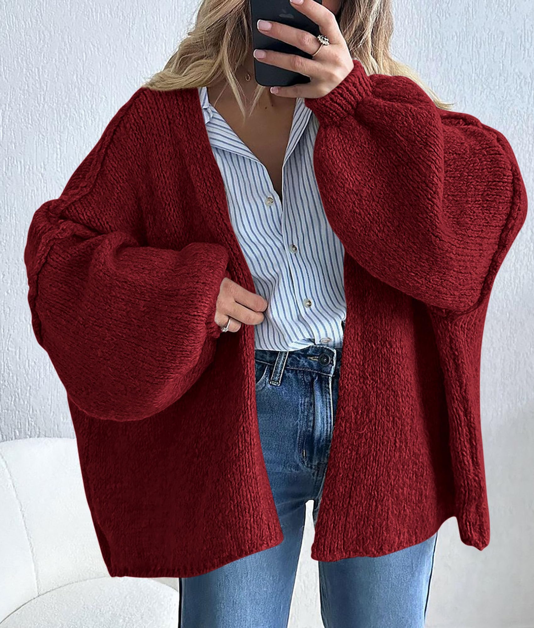 Womens Open Front Oversized Cardigan Sweaters,Wine Red,XS