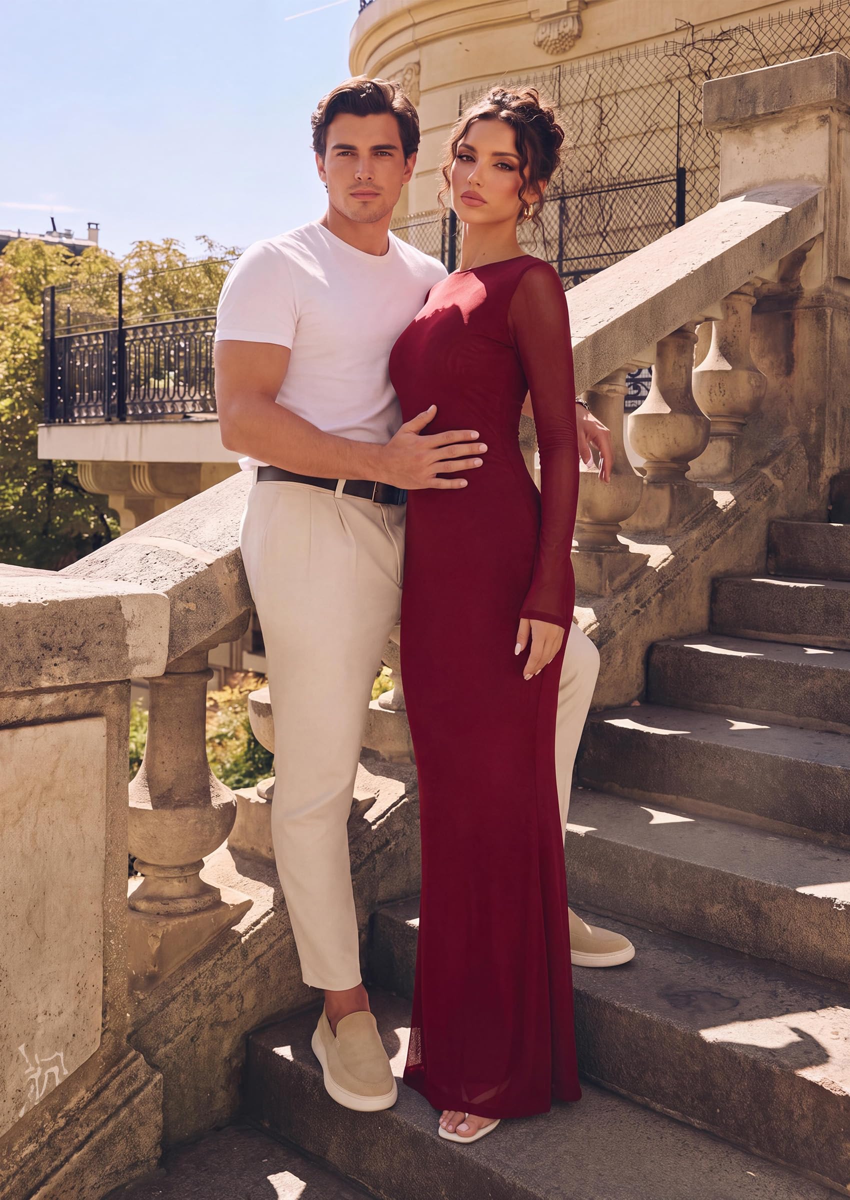 Women's Mesh Long Sleeve Maxi Dress Fall Wedding Guest Dresses