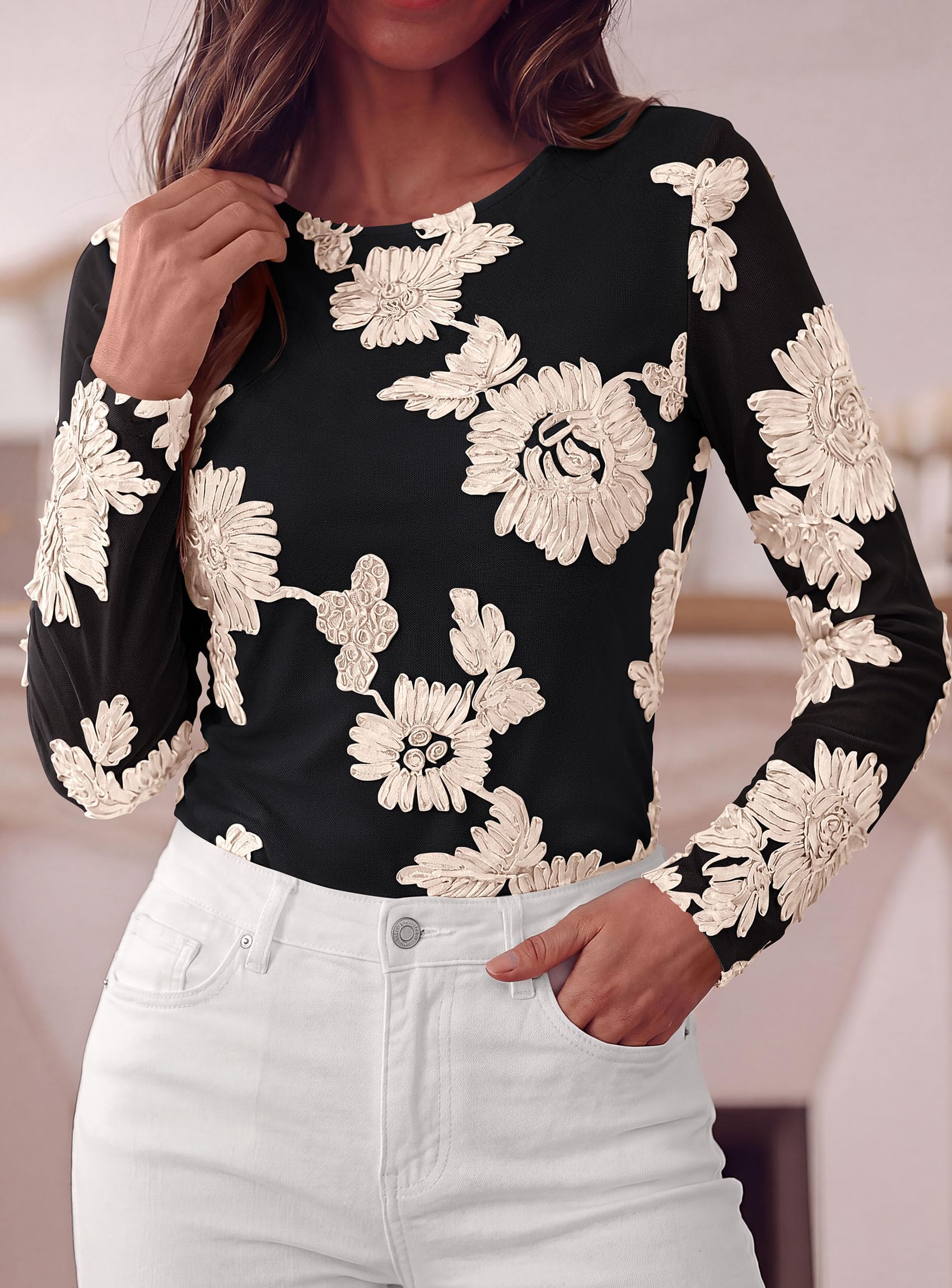 Women's Mesh Long Sleeve Embroidered Floral Tops Fall Blouses