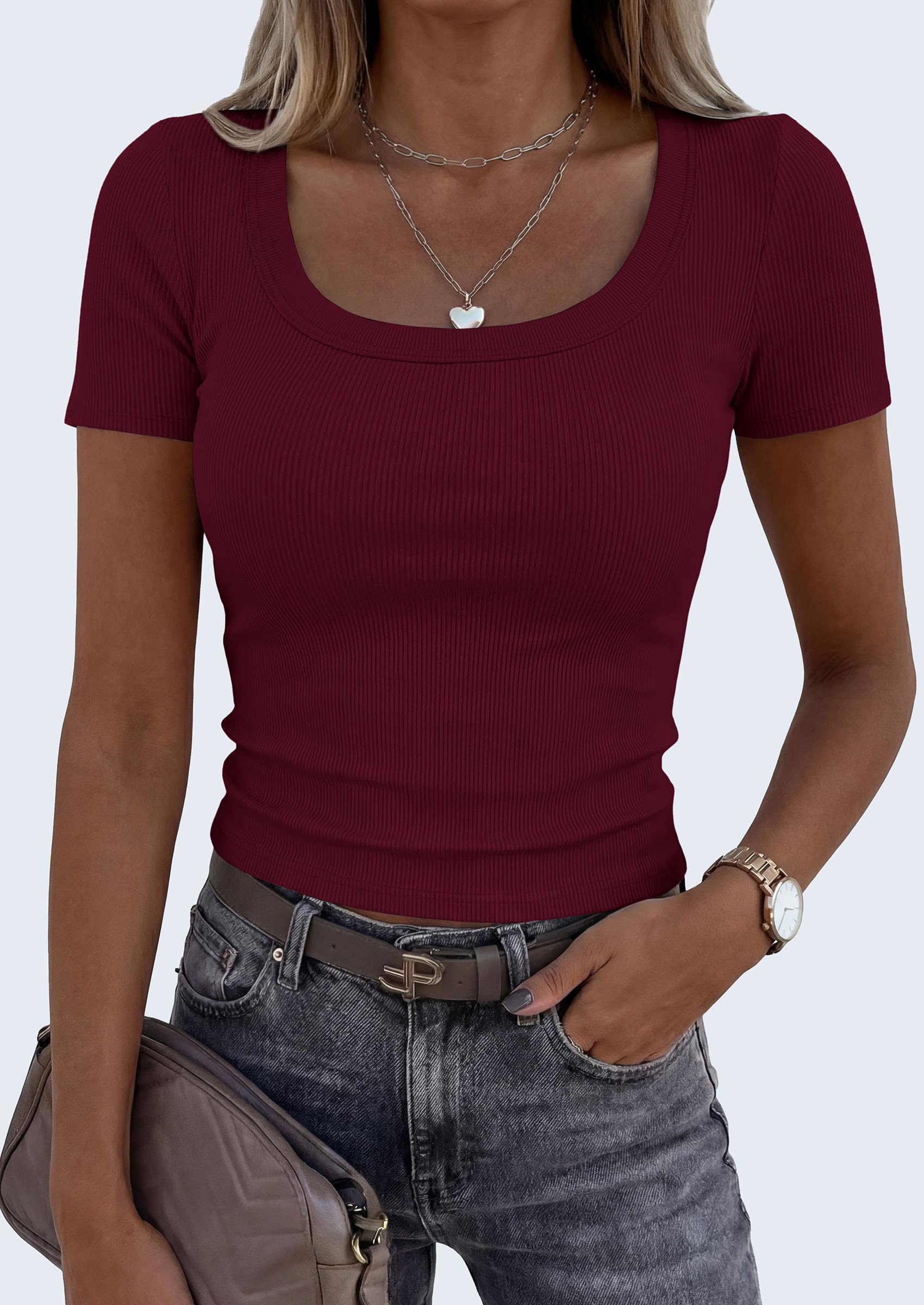 Womens Summer Short Sleeve Scoop Neck Tops,Burgundy,S
