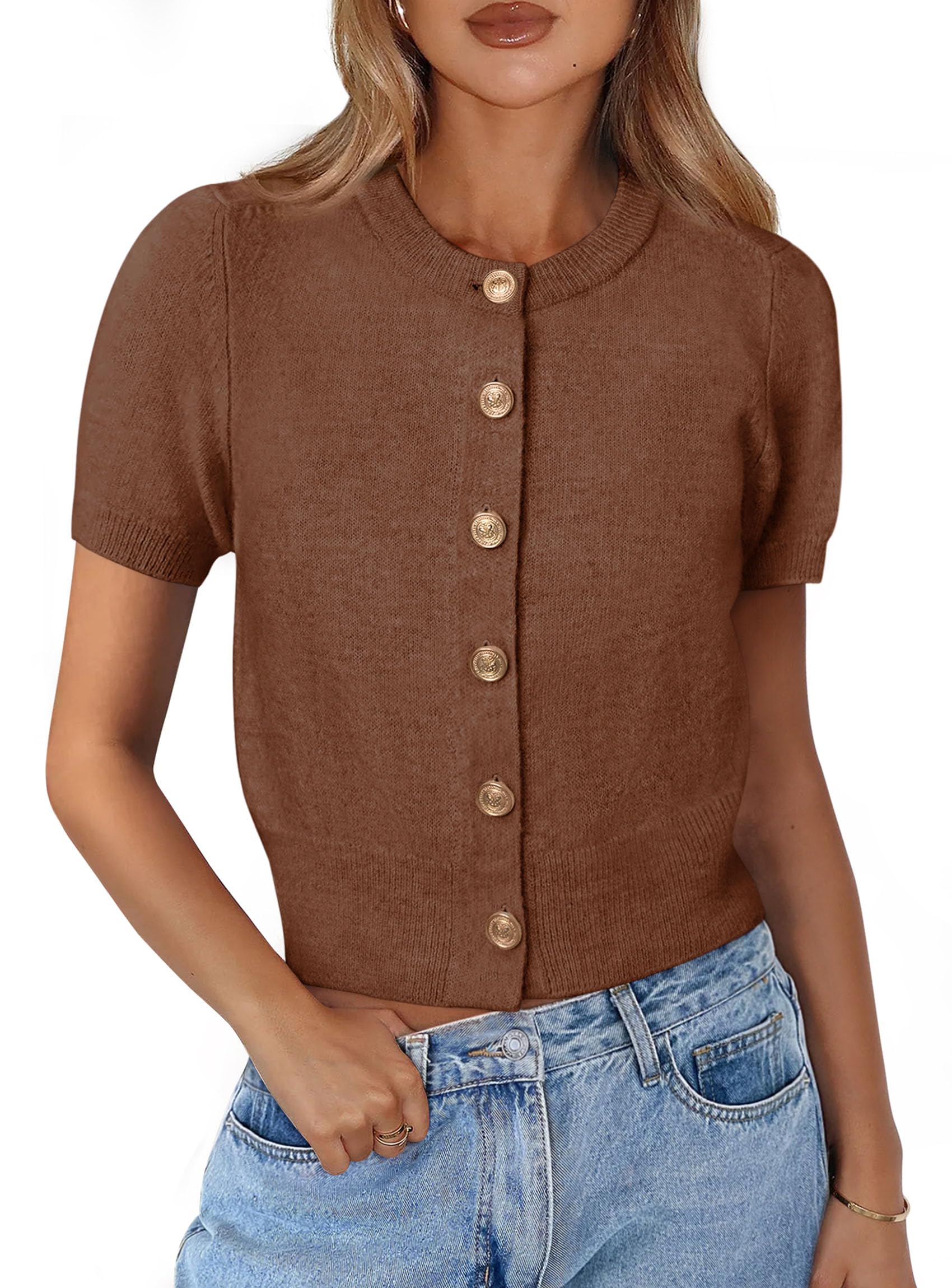 Womens Summer Cardigan Short Sleeve Sweater,Brown,S