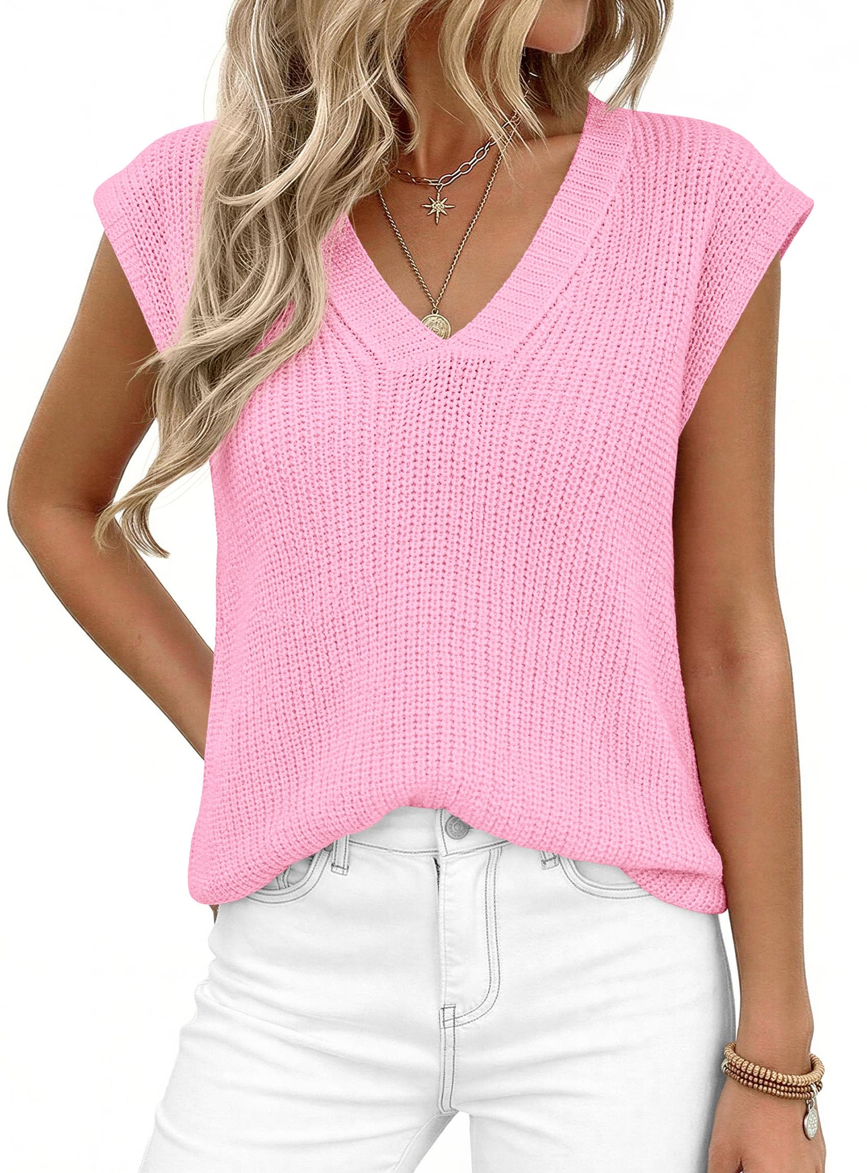 Women's Cap Sleeve Sweaters Vest Summer Tops (Pink,S)