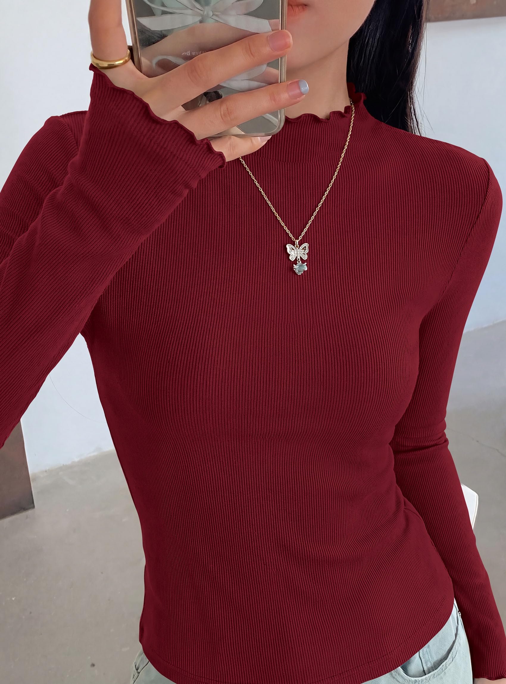 Women's Long Sleeve T Shirts Lettuce Trim Mock Neck Tops