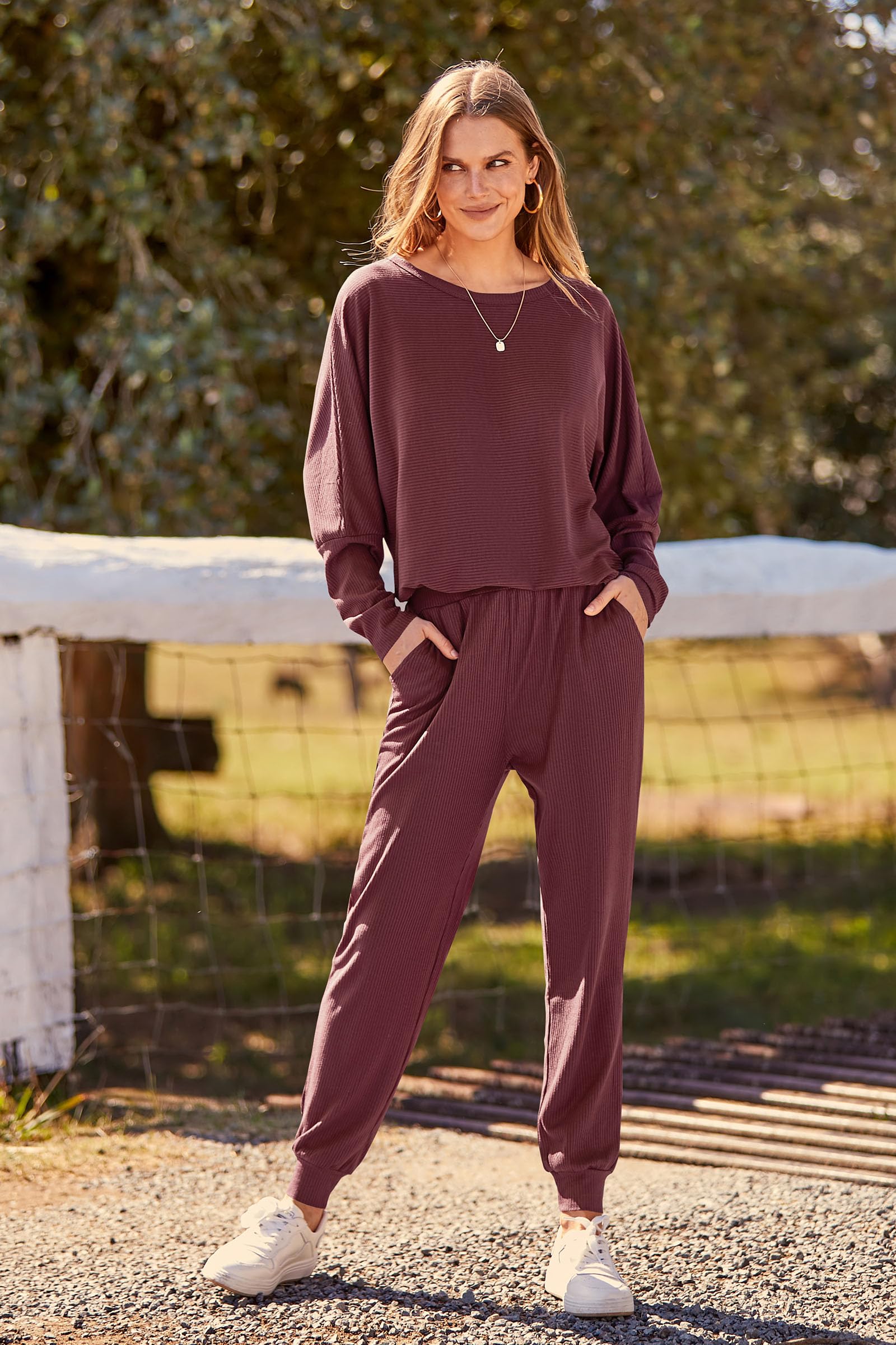 Women's 2 Piece Outfit Matching Lounge Set, Wine Red,S