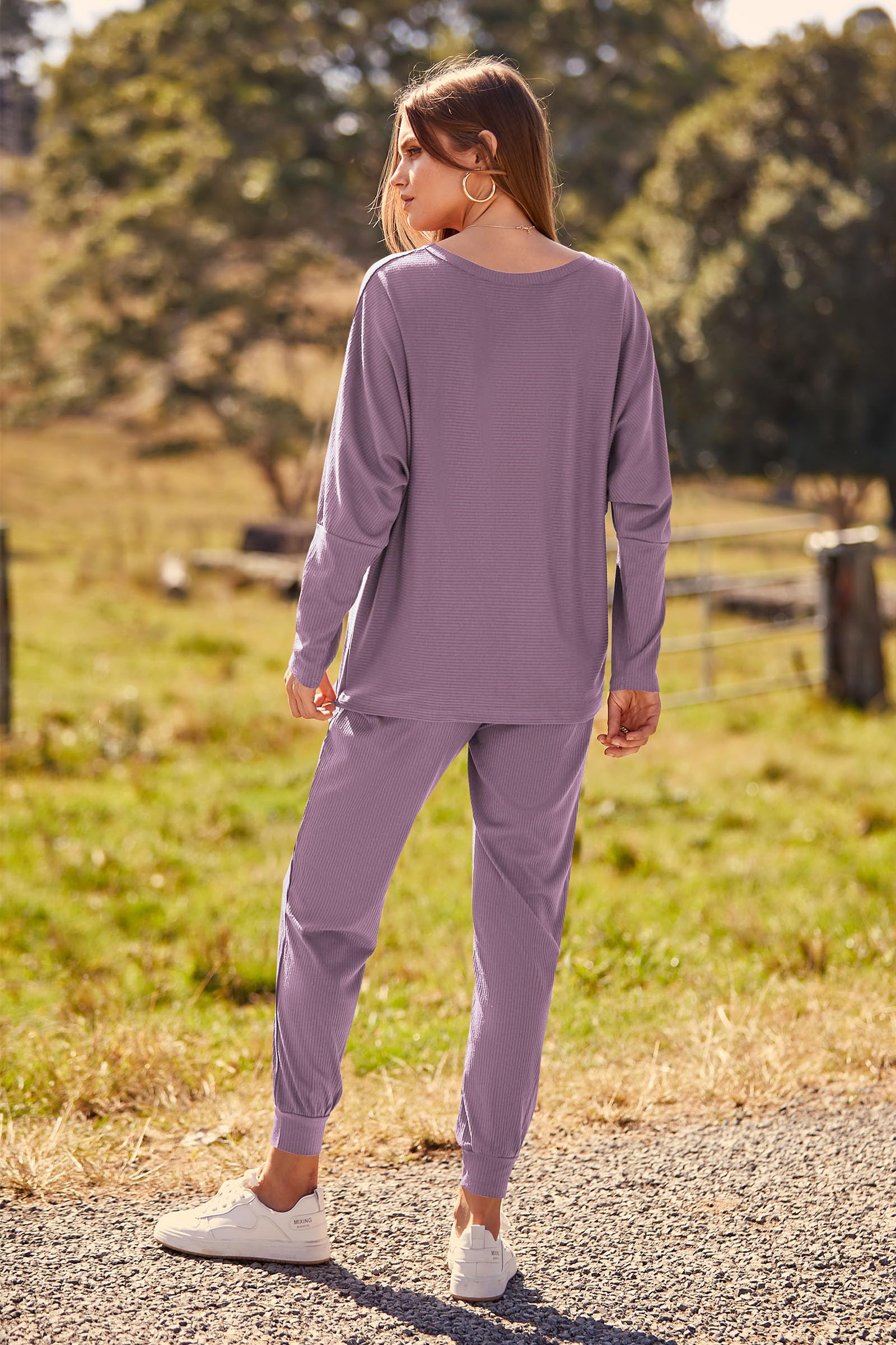 Women's 2 Piece Fall Outfits Matching Ribbed Knit Lounge Sets