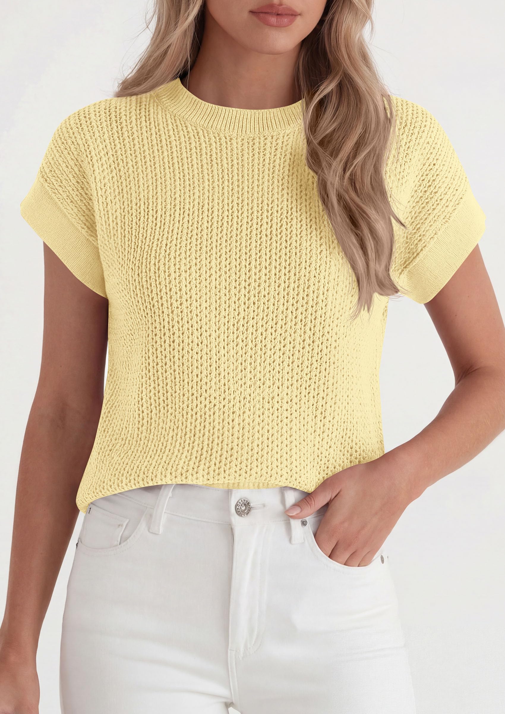 Women's Summer Sweater Vest Crochet Tops (Yellow,S)