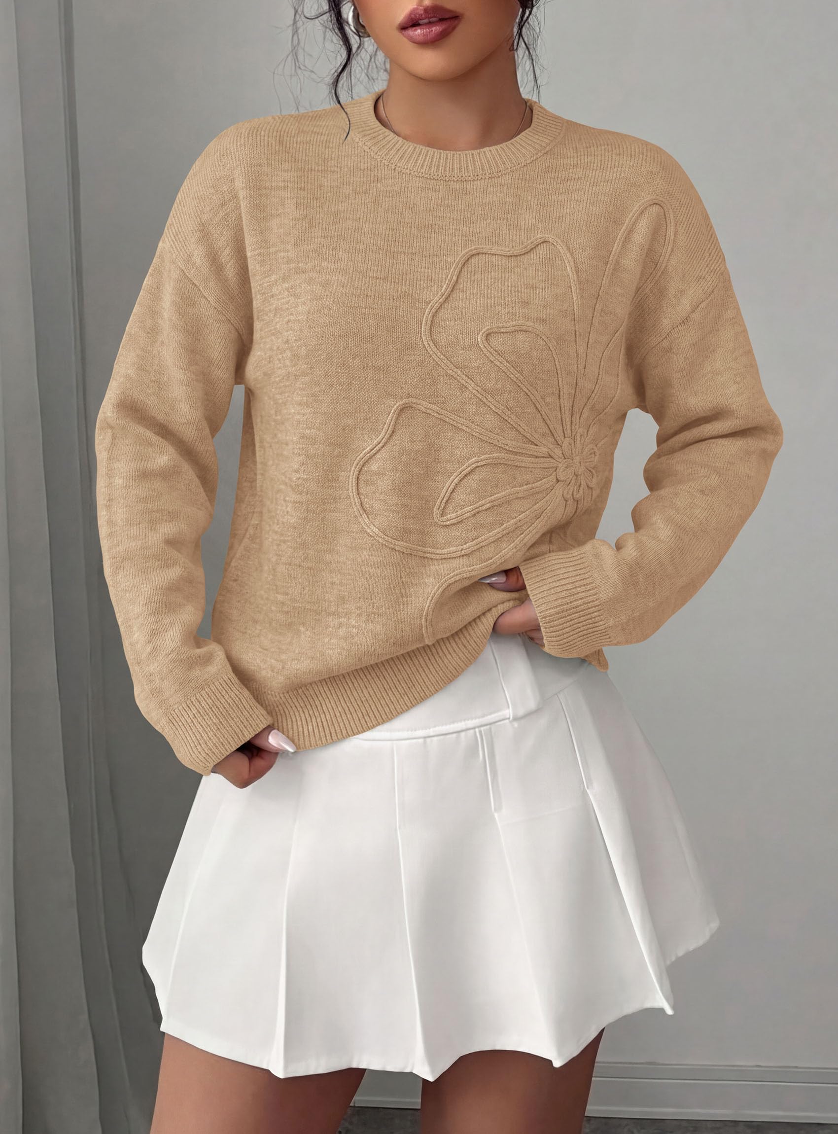 Sweaters for Women Fall Fashion Embroidered Floral Knit Tops