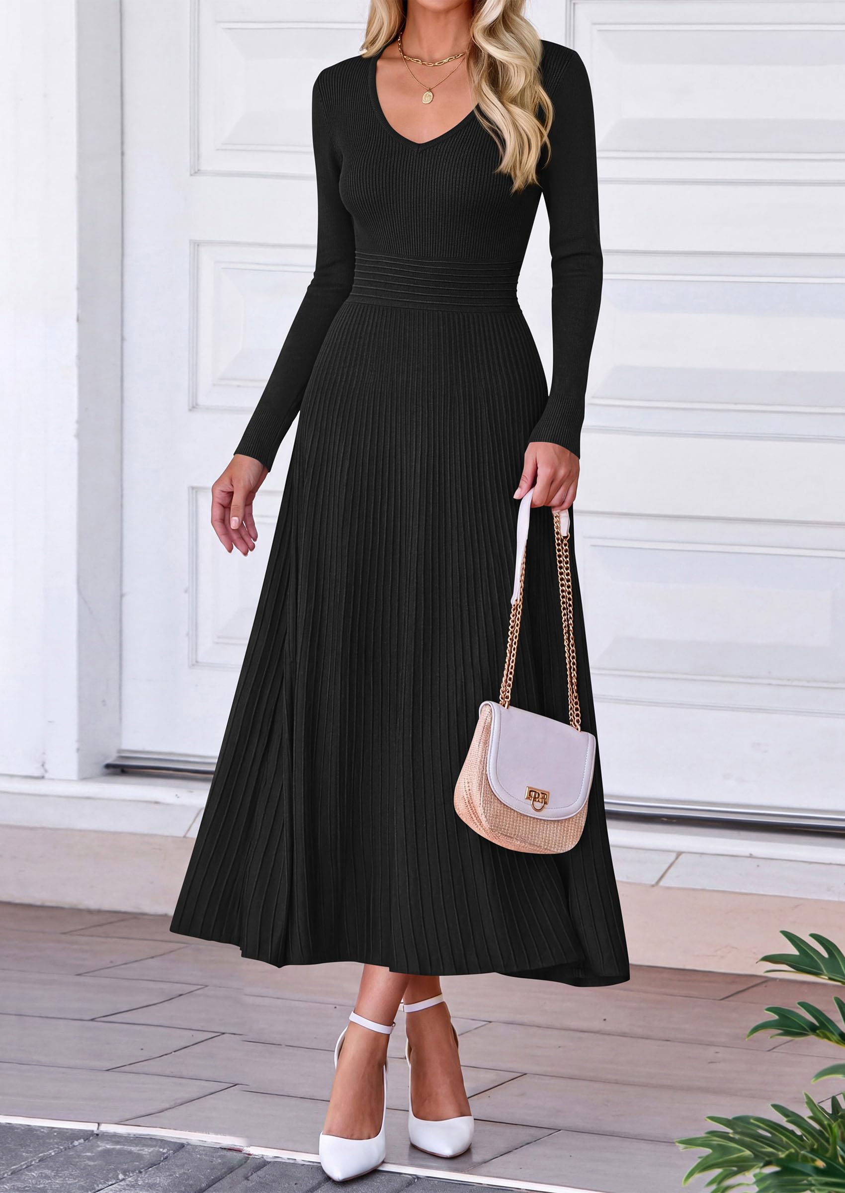 Women's Fall V Neck Pleated Midi Sweater Dress,Black,S