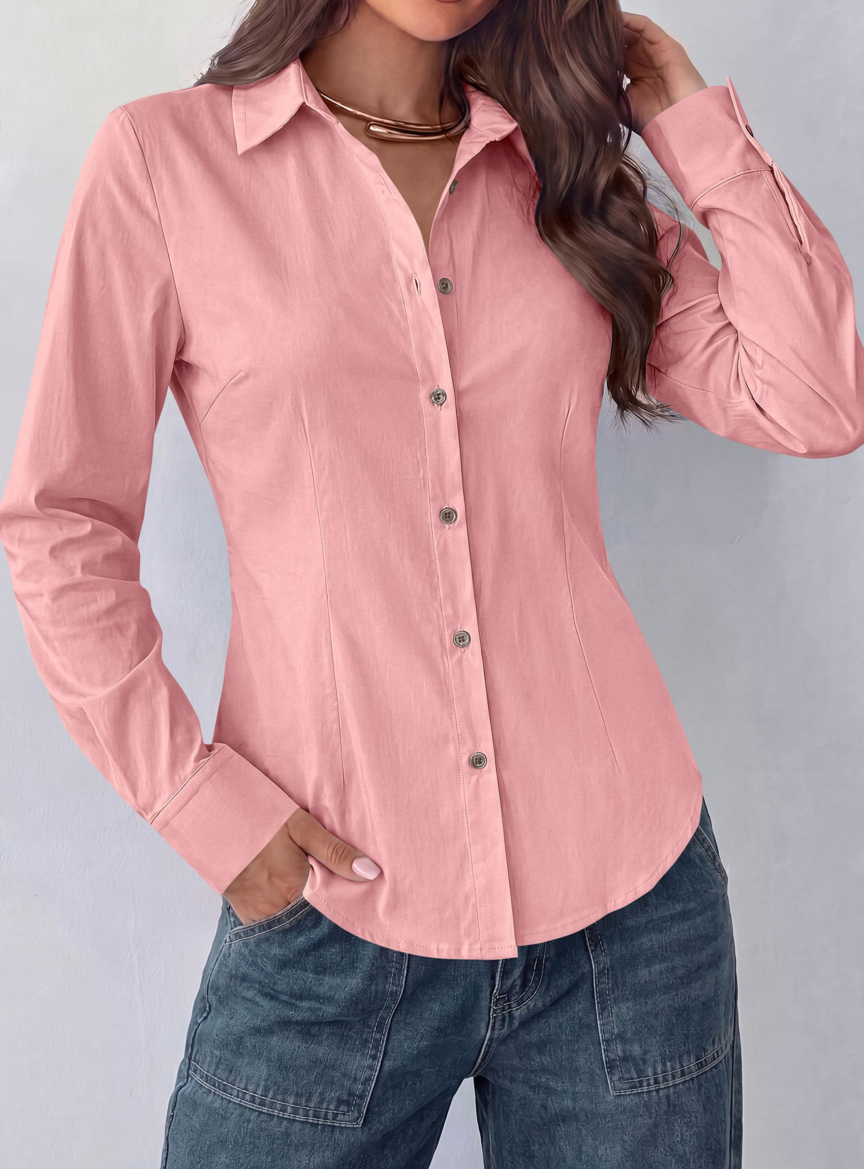 Womens Button Down Shirts Long Sleeve Blouse (Pink,S)
