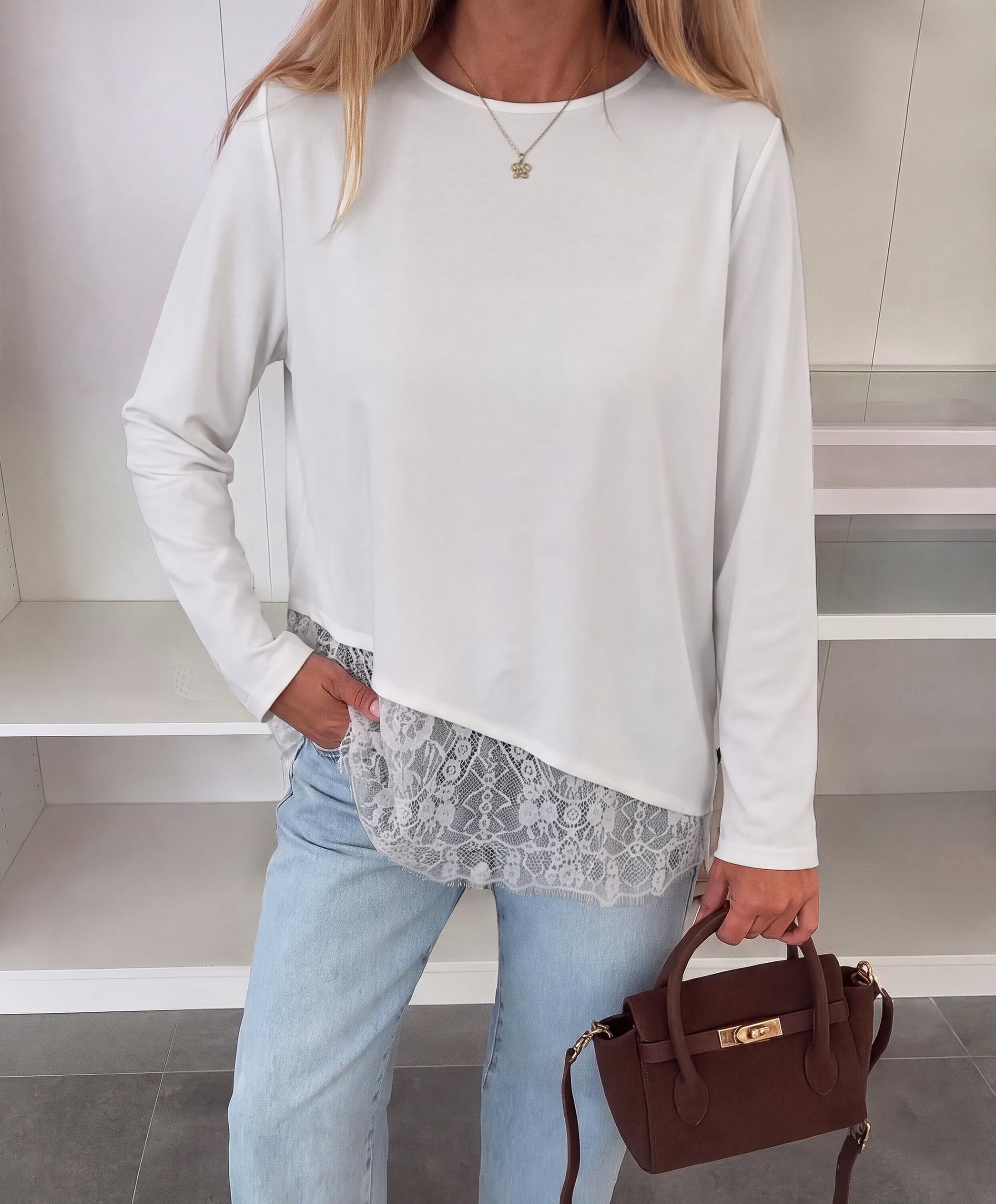 Women's Lace Patchwork Long Sleeve Shirts,White,S
