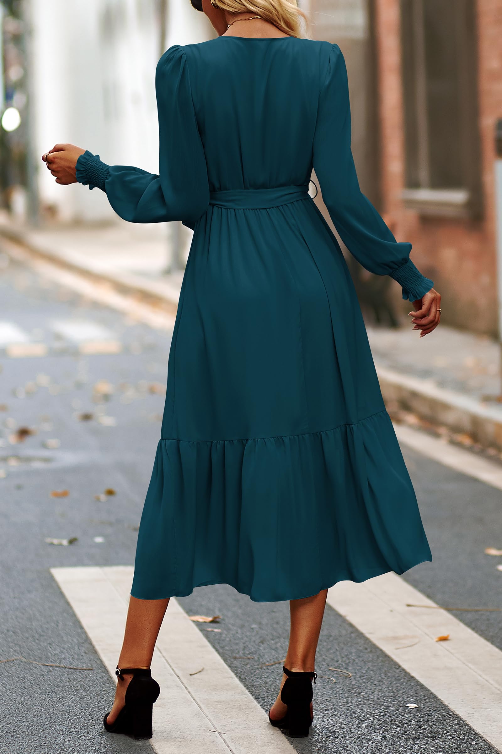 Women's Boho Long Sleeve Maxi Dress, Solid Lake Blue,S