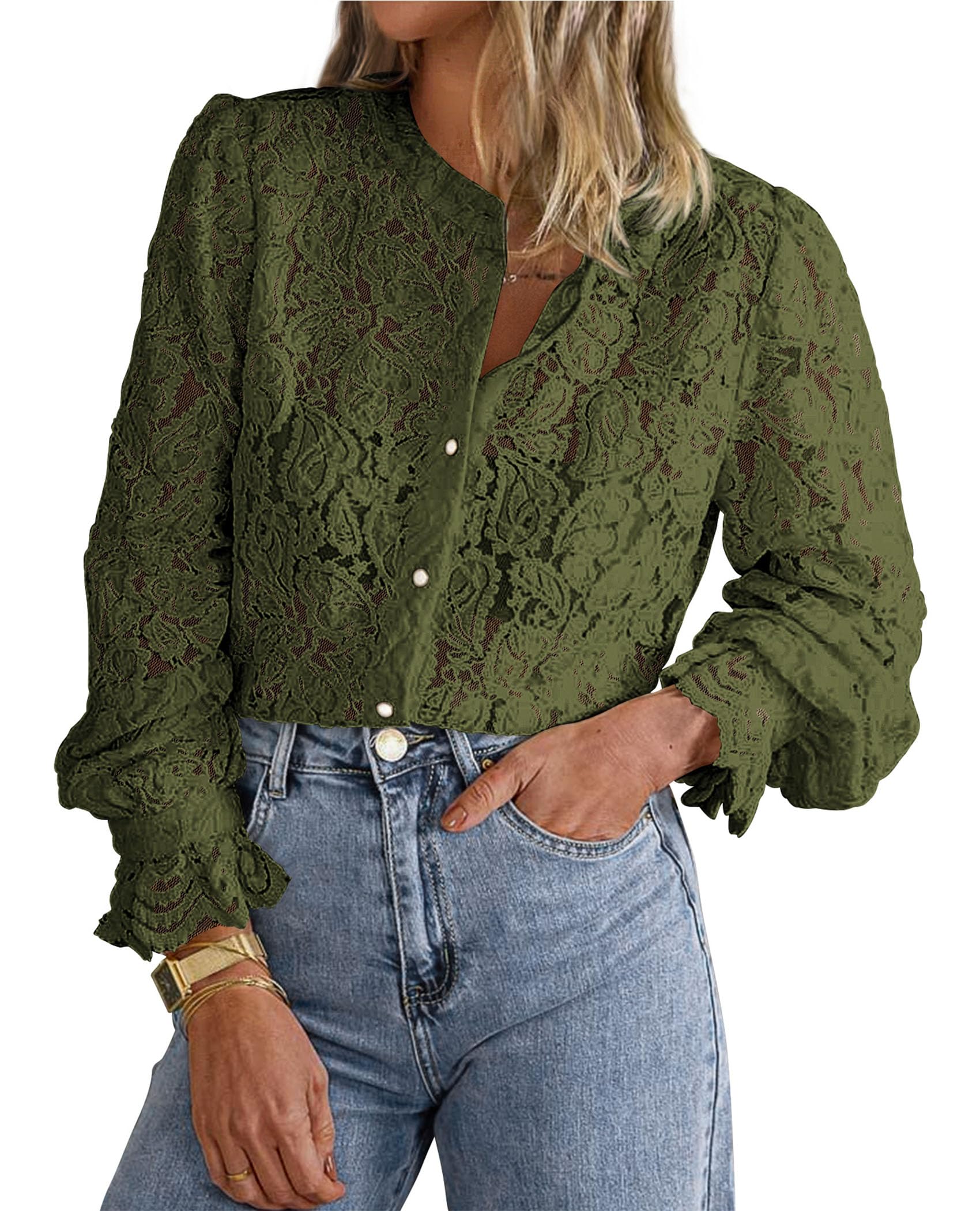 Women's Fall Trendy Long Sleeve Lace Tops(Army Green,Small)