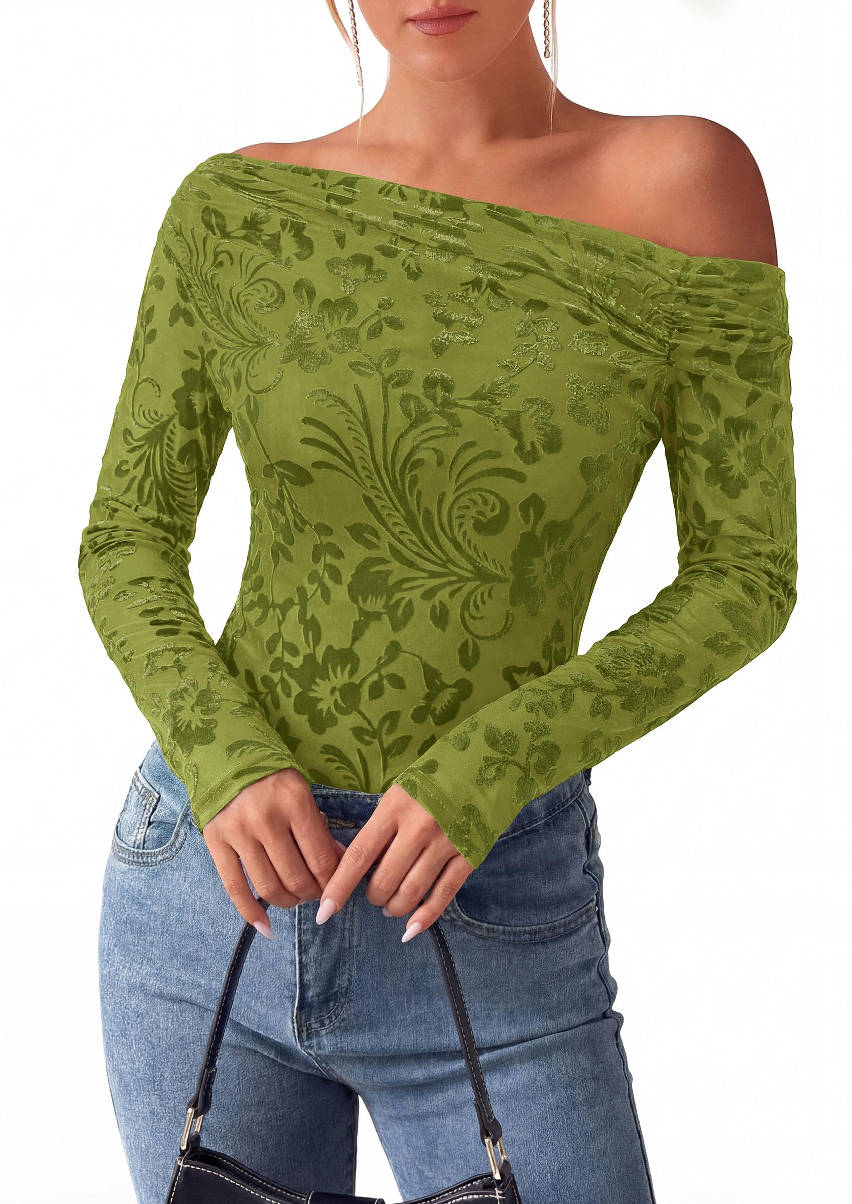 Off the Shoulder Tops for Women Fall Mesh Floral Blouses