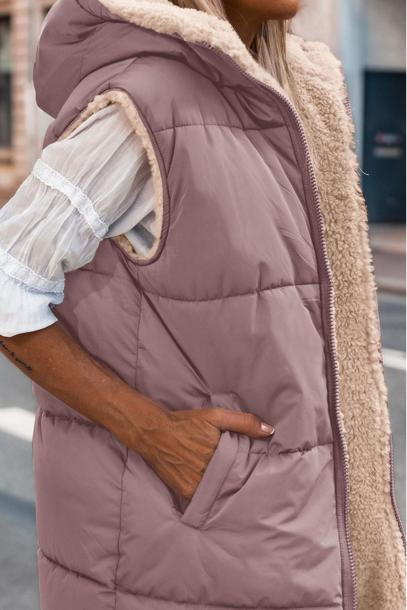 Women's Winter Reversible Fleece Long Vests Bean Paste Pink,S