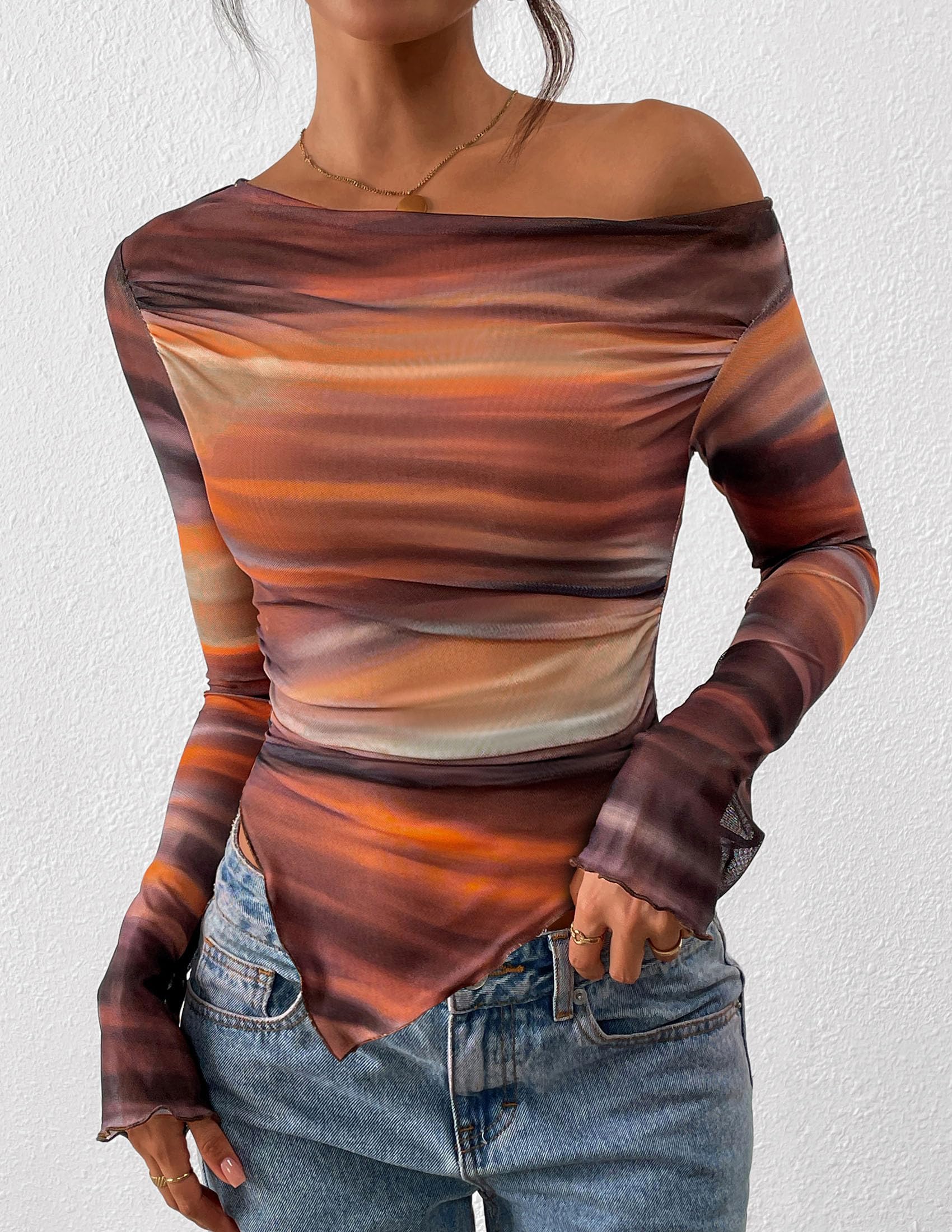 Womens Off Shoulder Mesh Y2k Tops,Floral Brown,M