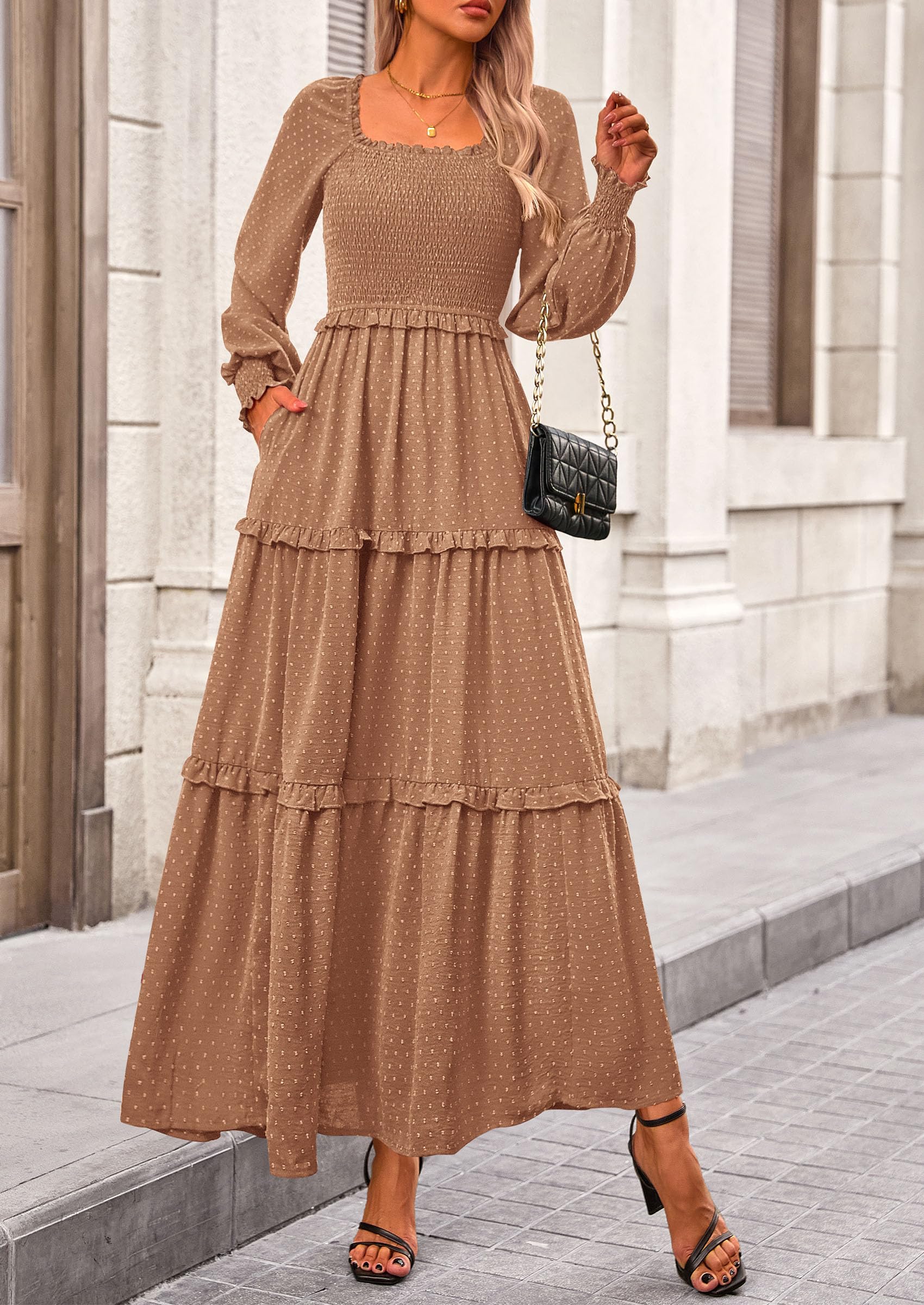 Women's Smocked Long Sleeve Maxi Dress Wedding Guest Dresses