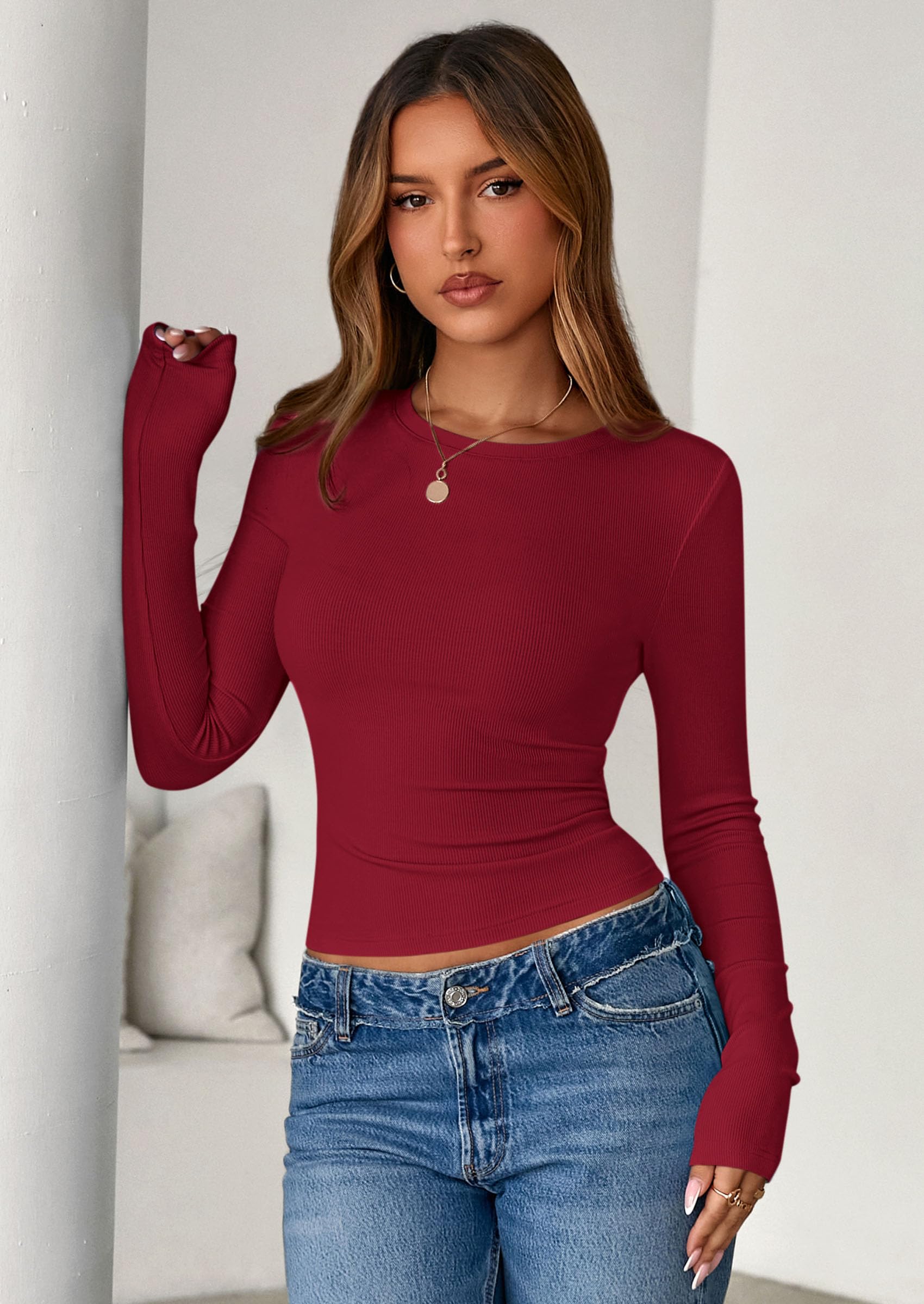 Women's Fall Long Sleeve Shirts Basic Tees (Red,XS)