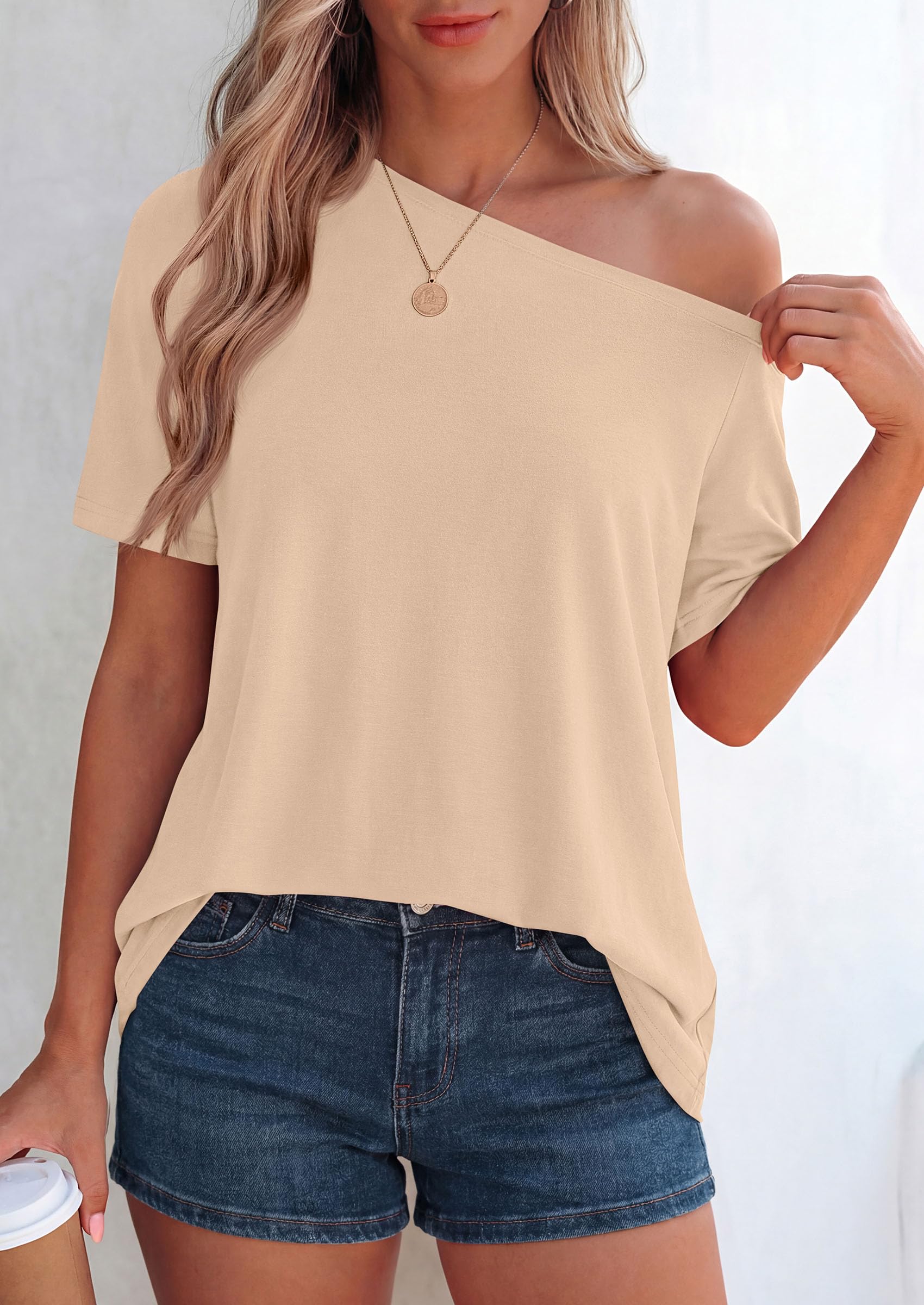 Off Shoulder Tops for Women Oversized Tshirts, Beige,M
