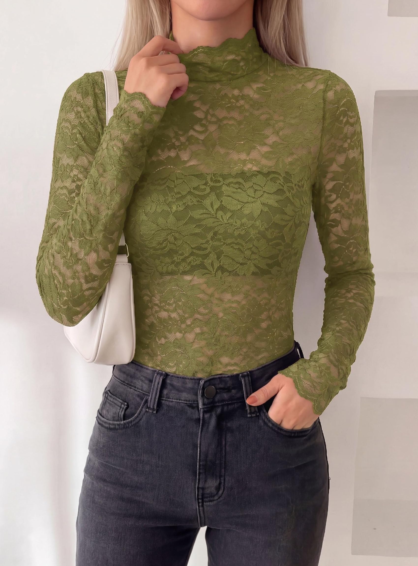 Womens Lace Long Sleeve Tops Sheer Mesh Blouse Green,S