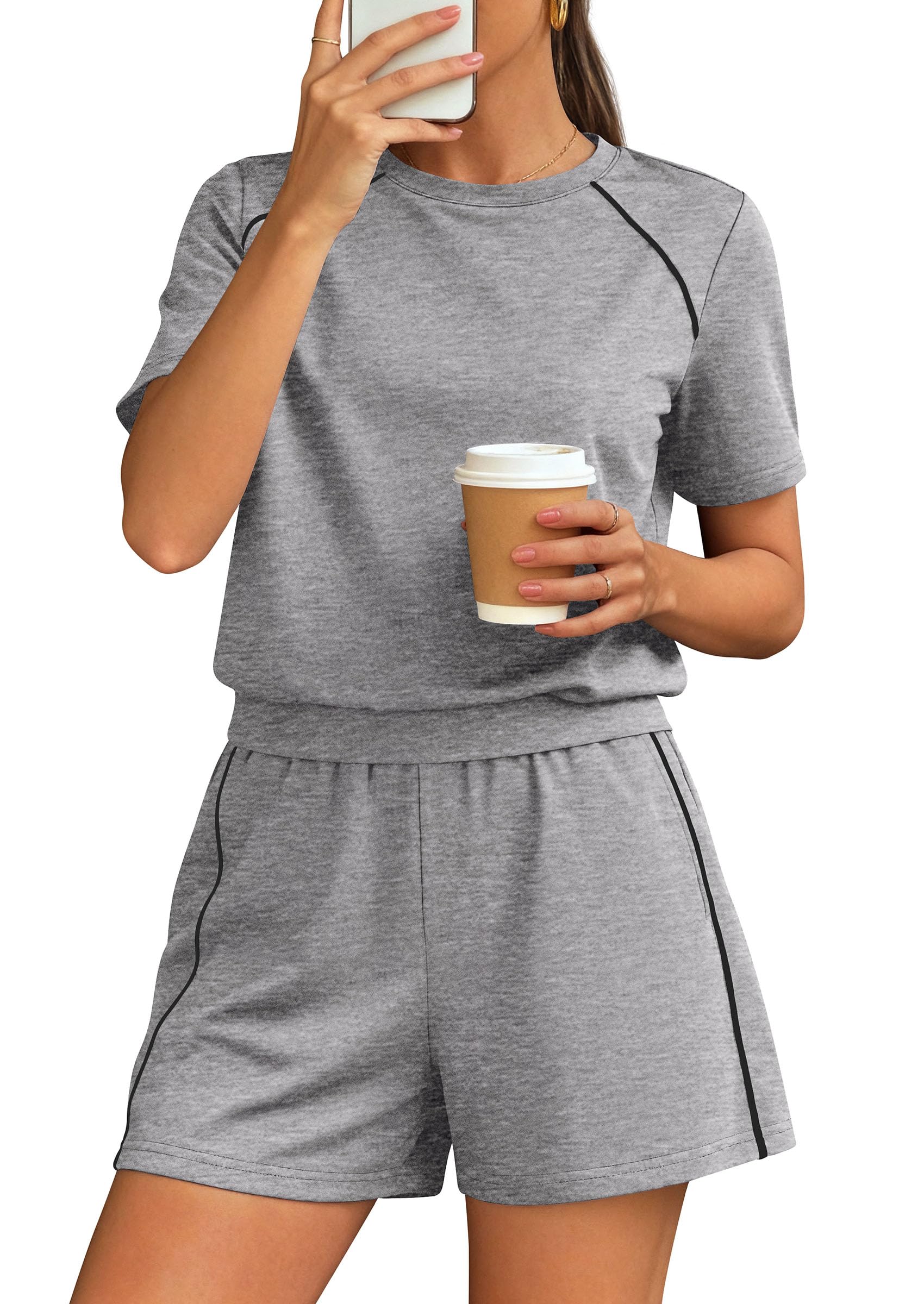 Womens 2 Piece Short Sets Casual Summer Outfits, Grey,S
